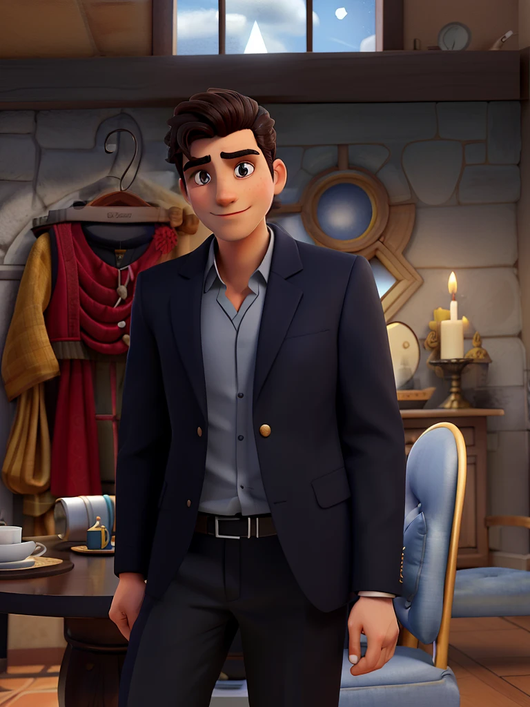 Um homem vestindo um terno como o do Jack skellington, veste uma capa de bruxo prata, Next to it is a small round table with a golden candlestick and in the background a window, cortinas cor de vinho, poses while looking at the camera sideways, cabelos pretos, rosto sem barba, rosto magro, In his hand a dark Zul umbrella, The sky that appears in the window is dark and starry