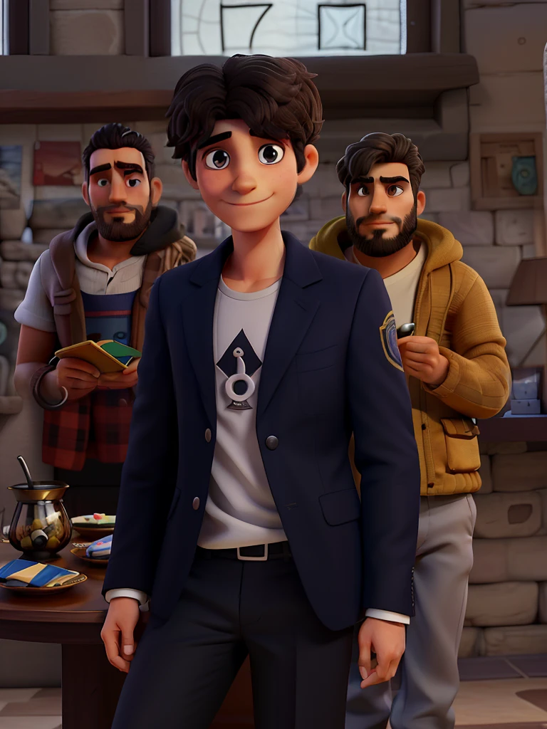 Um homem vestindo um terno como o do Jack skellington, veste uma capa de bruxo prata, Next to it is a small round table with a golden candlestick and in the background a window, cortinas cor de vinho, poses while looking at the camera sideways, cabelos pretos, rosto sem barba, rosto magro, In his hand a dark Zul umbrella, The sky that appears in the window is dark and starry