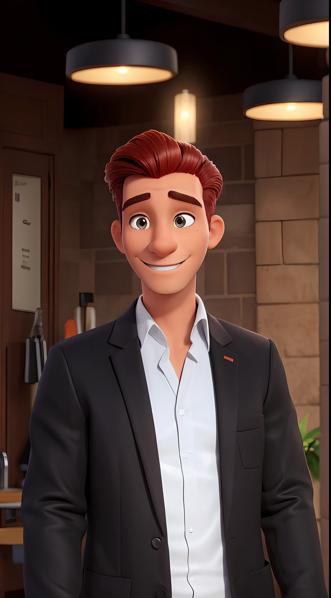 Homem moreno de cabelo preto com csmisa szul claro e blazer preto...sorrindo em um smbiente de fundo empresarial