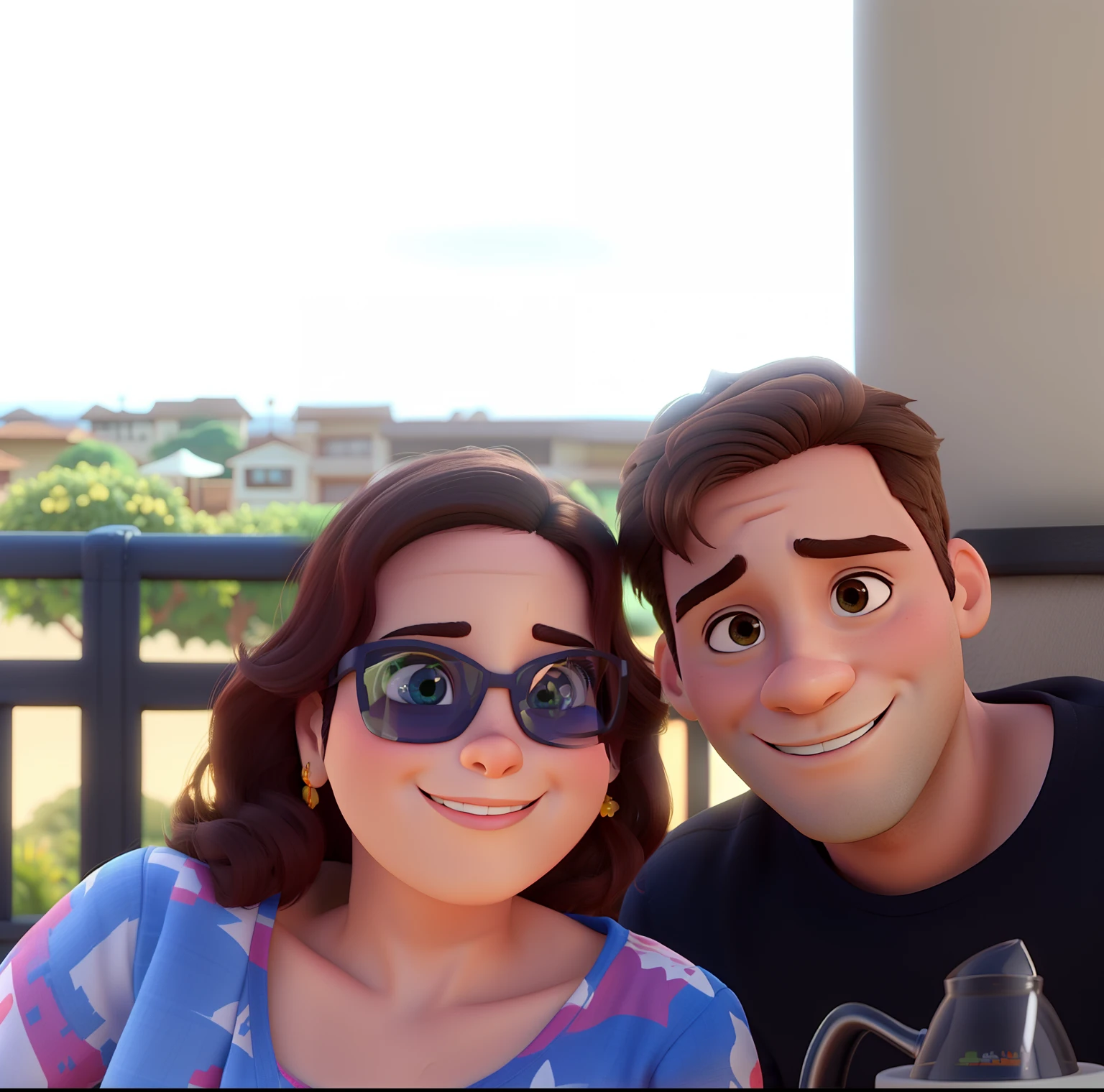 um casal feliz, em um ambiente aberto com sol, estilo disney pixar, alta qualidade, melhor qualidade