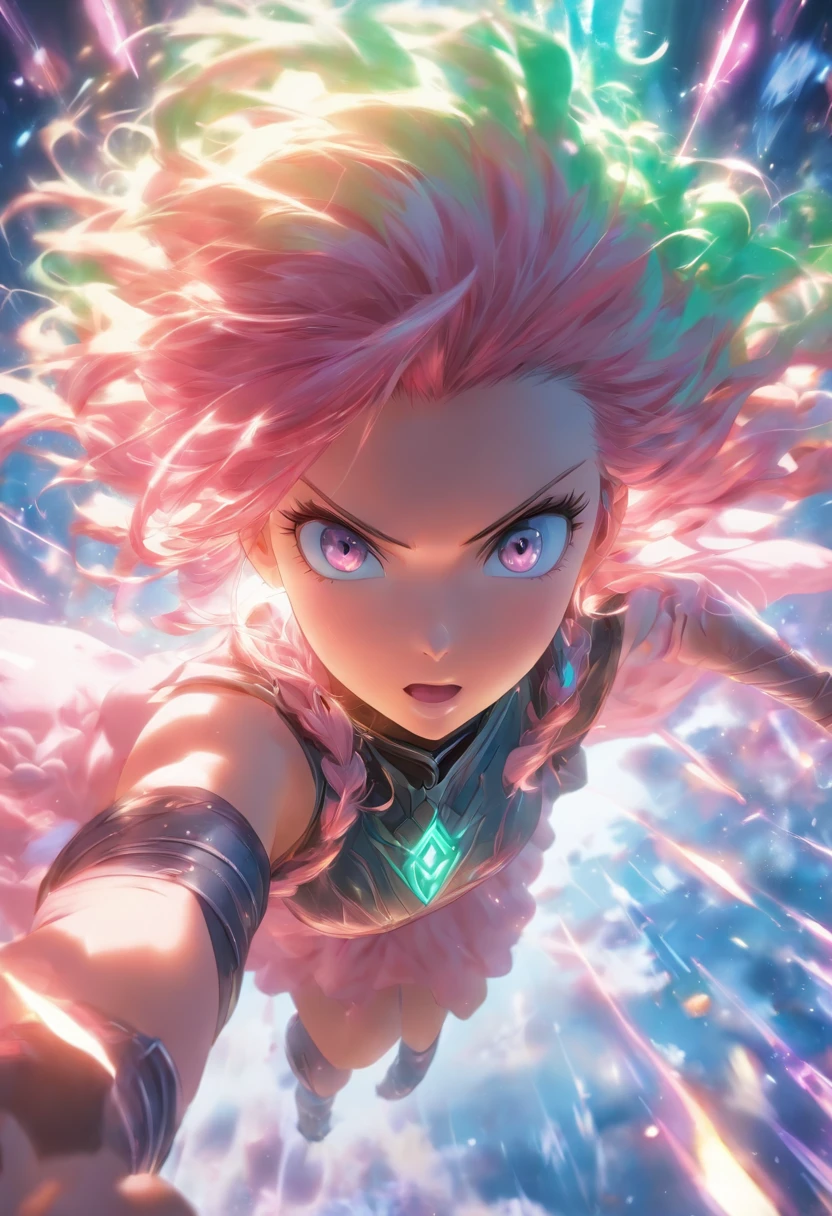 foreshortening, Depth of field, Master Part, Best Quality, 1girl, pink hair, bluish-green eyes, mid length hair, floating,Pink Rays, Odin, looking a viewer,Pink Dress, flying, Dim sunlight,