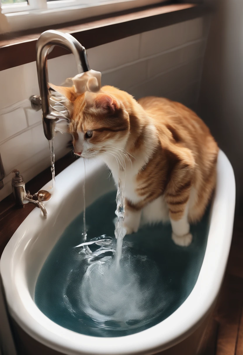 A cat bathing in water from its head trying to drink water from the tap　Anime Watercolor Painting