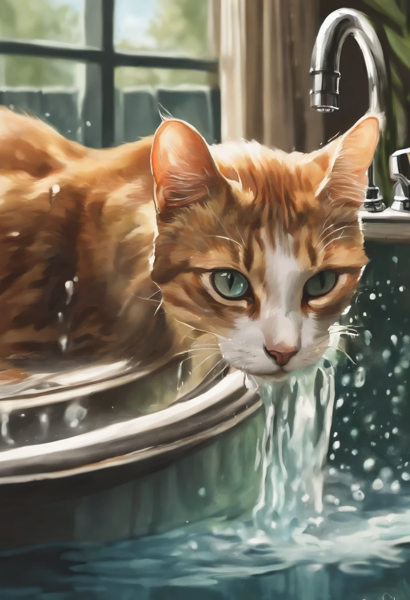 A cat bathing in water from its head trying to drink water from the tap　Anime Watercolor Painting