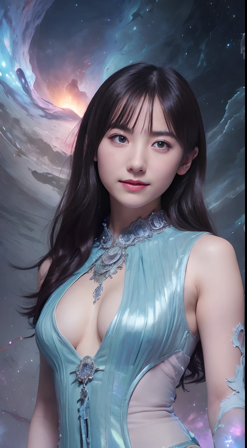 (Two beautiful teenage italian girls:1.6), Close friends, (They are hugging each other:1.2), Kiss her cheek or chest,(Detailed iridescent bodysuit with beautiful fractal or marble design:1.5), Incredible and spectacular scenes, ((High quality)), ((Detailed)), ((Fantasy)), Blue Plasma Brain, Green Plasma Body, Vulgarity, beutiful breast,  obscenity, (Lewd smile:1.2), coarse, Obscene, mean, (raunchy:1.2), (Immoral:1.2), Lachish, (small breasts with beautiful raised pink areolas:1.5), (Cameltoe), (Expression of ecstasy:1.2), Photorealistic, Official art, unity 8k wall paper, 8K Portrait, Best Quality, Very high resolution, (Incredibly beautiful nature background:1.6), (18 years old:1.5), (Sexy and glamorous:1.1), (A coquettish expression:1.6), (seductively smiling:1.6),  (erotic posing:1.9), (Model Posing:1.8), Beautiful seductive face, Portrait, (Thick eyebrows:1.4), (Big scarlet eyes:1.2), Beautiful eyes with fine symmetry, (Ultra detailed eyes:1.4), (High resolution blue eyes:1.1), Intimate face, (ultra detailed skin texture:1.4), White skin, pale skin, Perfect Anatomy, Thin, (Beautiful toned body:1.5), Hair Bow, (Moist skin:1.2), No makeup, (dark circles:1.1), Good anatomy, Focus Face, good-looking, (Emilia Clark:0.6) (Emma watson:0.3),(Jennifer Connelly:0.4), (sensual face:1.5), Elegant face, Nice, Dolce,  (Around her neck is a simple necklace of exquisite workmanship), (Bioluminescence with brilliant brilliance:1.4), (Luminous magic circle:1.5), Ruins of an ancient castle, Shining majestic cloud masses and sky, lightning bolt, Epic Realistic, (Greg Rutkowski:0.8), (teal and orange:0.4), (Art Station:1.5), Cinematic, (nffsw:1.5),  Hyper Detailed, Dramatic light, (Intricate details:1.1), Beautiful black hair,　(Wearing a gauntlet with a dense and very beautiful design decorated with jewels:1.1), Small chest, Galaxy, (Nebula:1.6)