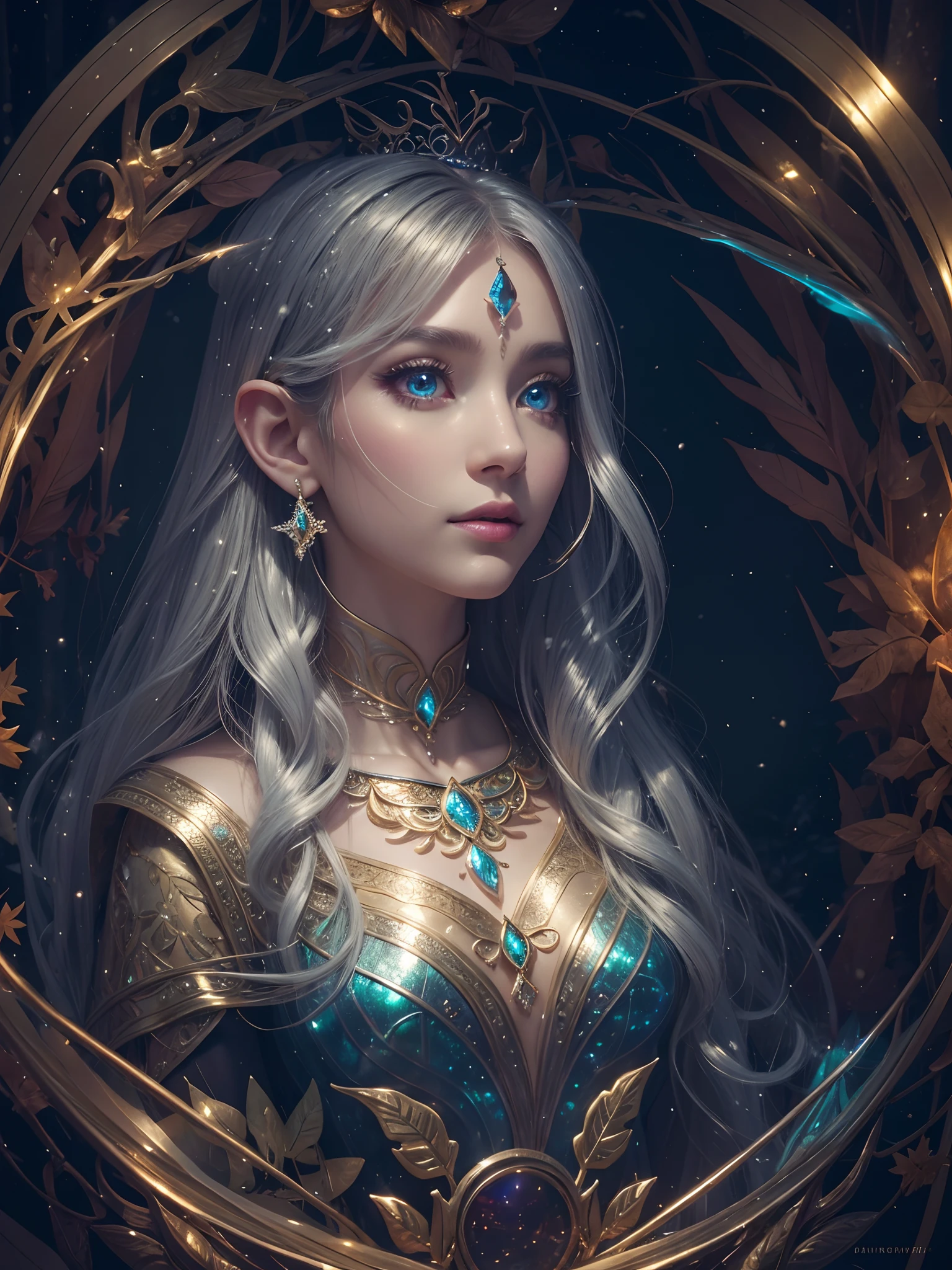 As the mist settles over the swamp, a holographic gold and filigree silver portrait emerges, perfectly shaped and polished to perfection. An full body shot of an Elfgirl wearing a subtle autumn multi-color skirt shaped like a mushroom, on her head she wears a crown of autumn leaves twigs and flowers, in a plush autumn forest clearing which is the forest shimmers with an almost faint bioluminescents, dark as night, a lighted forest clearing at evening 8k Generate a pretty and realistic fantasy artwork with bold jewel-toned hues, pretty glitter and shimmer, and lots of snowflakes. Generate a luminous and petite woman with curly hair, metallic hair, and realistically textured hair. Her skin is pure white and seems to glow in the light. The woman's face is important: include ((soft, puffy, big lips, elegant features, and the most beautiful detailed macro eyes)) in the world. The woman is in a winter landscape with soft falling snow and snowflakes, soft white fur, subtle iridescent details, subtle phantasmal iridescent details, and intricate and delicate jewelry that glimmers in the light. Include many small fantasy details like gossamer silk, feathers, delicate and stunning embroidery, and luminous lighting that glimmers. The woman's face is unobscured by details and her eyes are sharp and in high resolution. Incorporate dreamy colors, dynamic lighting, and detailed background elements to create a sense of awe and immersion. Include colorful flying magical birds and jewel-toned butterflies radiating a magical aura. Consider the latest trends in fantasy art, such as incorporating unique lighting effects, exploring dynamic and compelling composition techniques, and experimenting with unique color palettes. Take inspiration from the top artists on ArtStation and Midjourney. Camera: Choose an angle that highlights the character's beauty and enhances the magical majesty of the artwork. Lighting: Utilize atmospheric lighting techniques to create depth and mood. Resolution: Ai