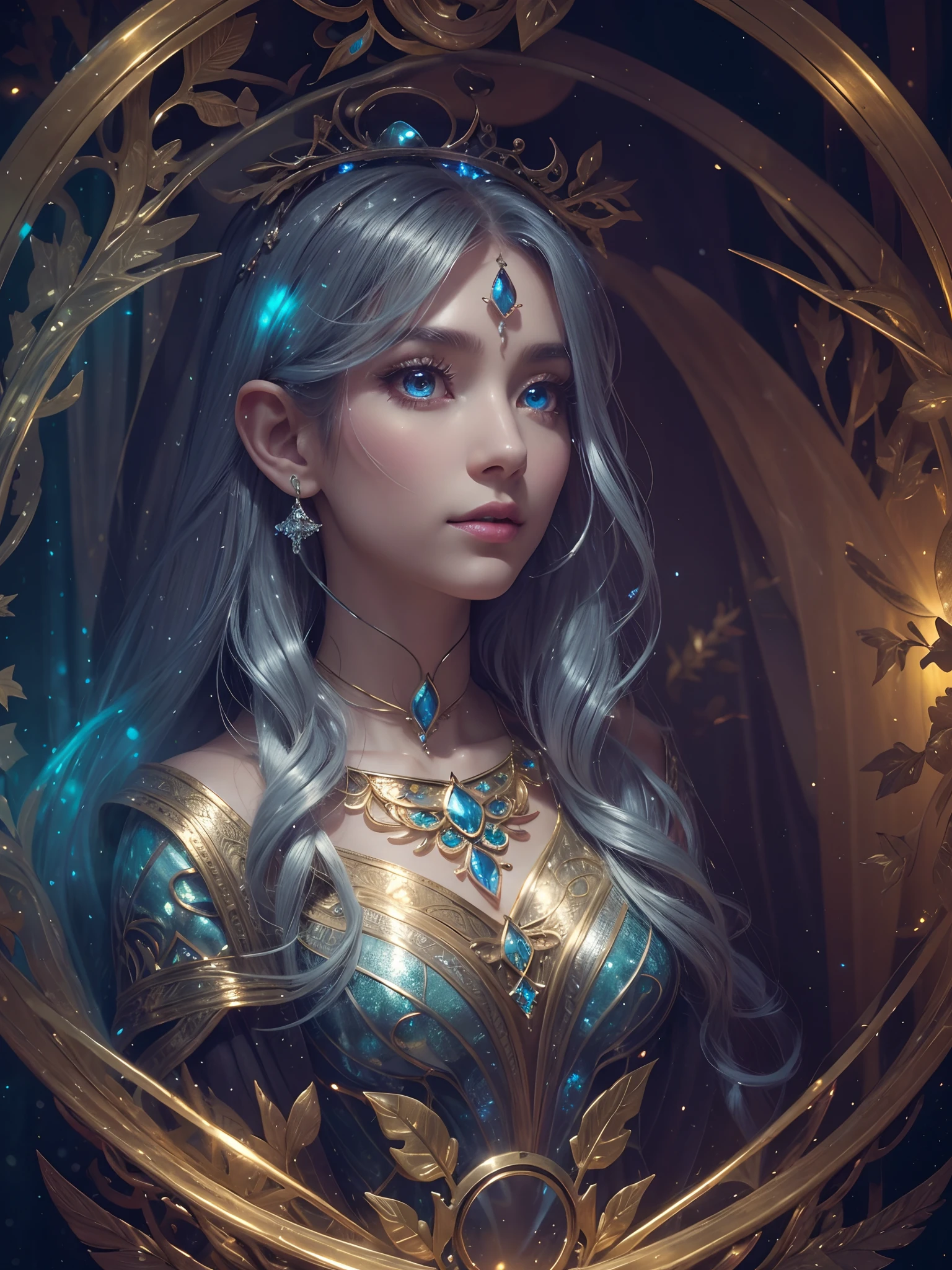 As the mist settles over the swamp, a holographic gold and filigree silver portrait emerges, perfectly shaped and polished to perfection. An full body shot of an Elfgirl wearing a subtle autumn multi-color skirt shaped like a mushroom, on her head she wears a crown of autumn leaves twigs and flowers, in a plush autumn forest clearing which is the forest shimmers with an almost faint bioluminescents, dark as night, a lighted forest clearing at evening 8k Generate a pretty and realistic fantasy artwork with bold jewel-toned hues, pretty glitter and shimmer, and lots of snowflakes. Generate a luminous and petite woman with curly hair, metallic hair, and realistically textured hair. Her skin is pure white and seems to glow in the light. The woman's face is important: include ((soft, puffy, big lips, elegant features, and the most beautiful detailed macro eyes)) in the world. The woman is in a winter landscape with soft falling snow and snowflakes, soft white fur, subtle iridescent details, subtle phantasmal iridescent details, and intricate and delicate jewelry that glimmers in the light. Include many small fantasy details like gossamer silk, feathers, delicate and stunning embroidery, and luminous lighting that glimmers. The woman's face is unobscured by details and her eyes are sharp and in high resolution. Incorporate dreamy colors, dynamic lighting, and detailed background elements to create a sense of awe and immersion. Include colorful flying magical birds and jewel-toned butterflies radiating a magical aura. Consider the latest trends in fantasy art, such as incorporating unique lighting effects, exploring dynamic and compelling composition techniques, and experimenting with unique color palettes. Take inspiration from the top artists on ArtStation and Midjourney. Camera: Choose an angle that highlights the character's beauty and enhances the magical majesty of the artwork. Lighting: Utilize atmospheric lighting techniques to create depth and mood. Resolution: Ai