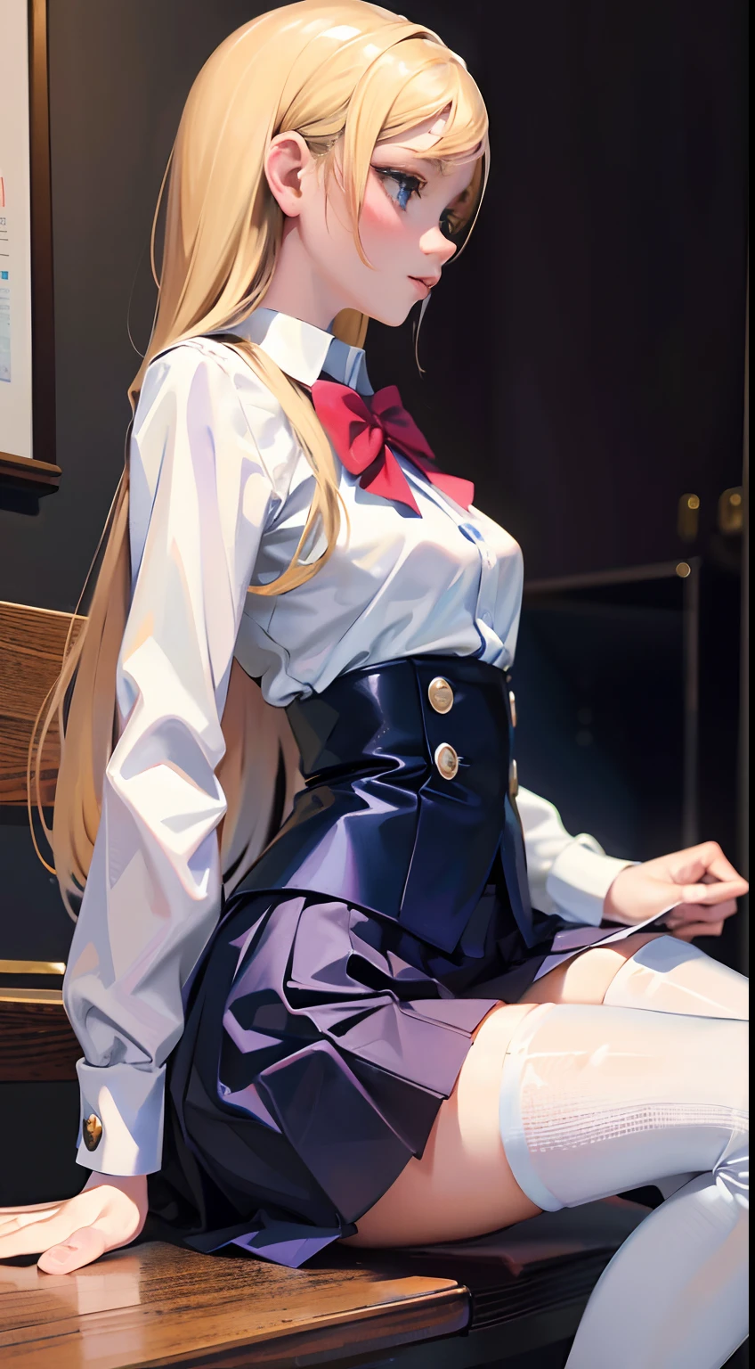 Small breasts, (masutepiece, Best quality:1.1), Long hair, double tails, (Realistic painting style:0.9), blond girl, Blue eyes, in class room, (Realistic:1.3), Cute, Tongue out, (Shaking effect[Sombrif[Sho profile, Shaking:1.2), Sweat, absurderes, breasts out, Blush, (Skirt:1.3), White bodysuit, Squat, watching at viewers, white thigh highs, standing, (((1girl in))), Trembling in urine,blond girl, JK school uniform