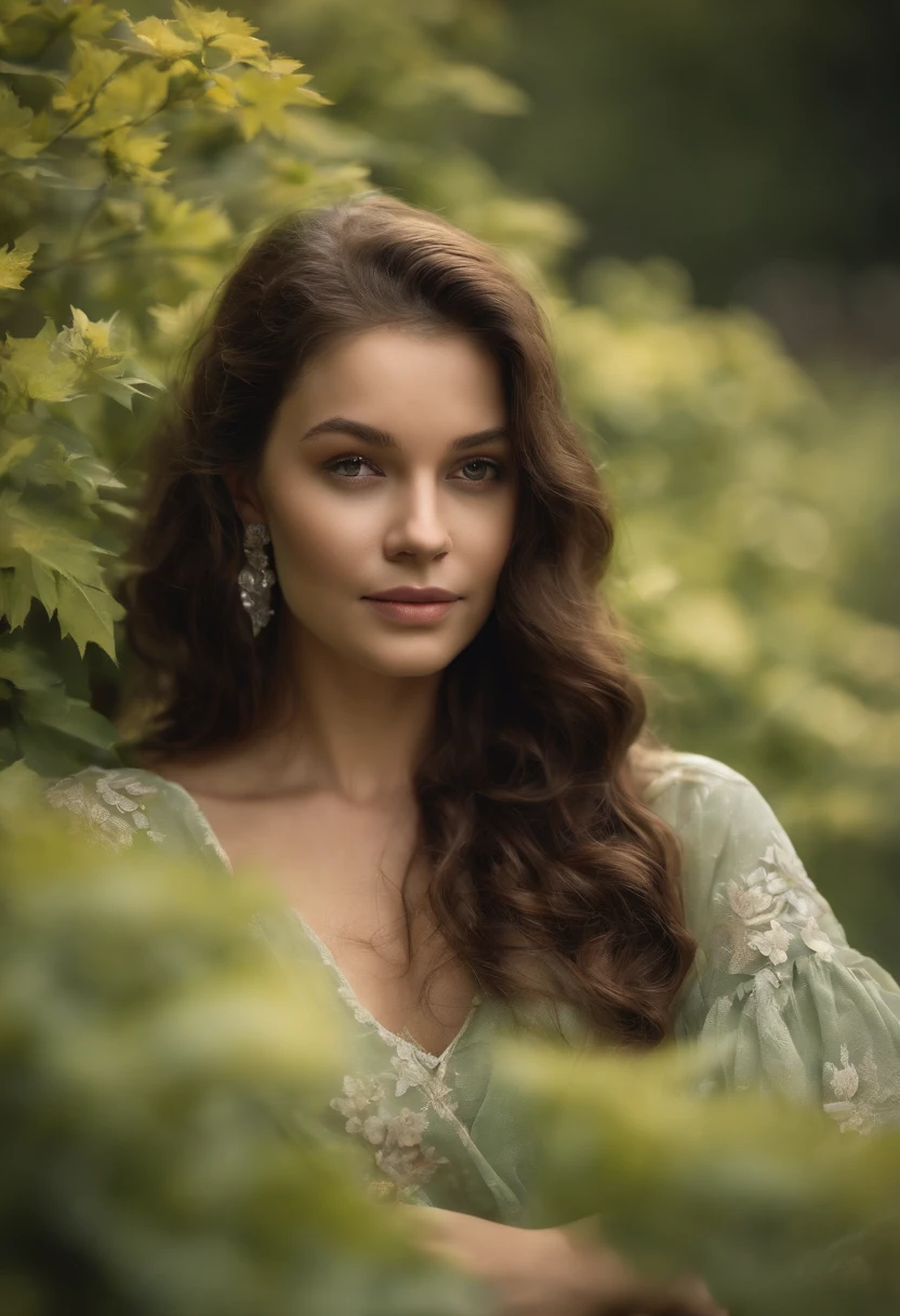 absurdres, ultra-detail, ( girl:1.5), (curvy:1.2), (dynamic angle, dynamic pose:1.2)
BREAK (long wavy hair, chignon:1.2), (green ruffle blouse, long sleeves, flared long skirt:1.2), (smile, open mouth:1.2), red eyes, looking at viewer, upper body
BREAK (dreamy ambiance:1.4), [:(light gradation watercolor:1.5):10], (soft focus:1.1), (green flowers:1.4), (maple:1.3),