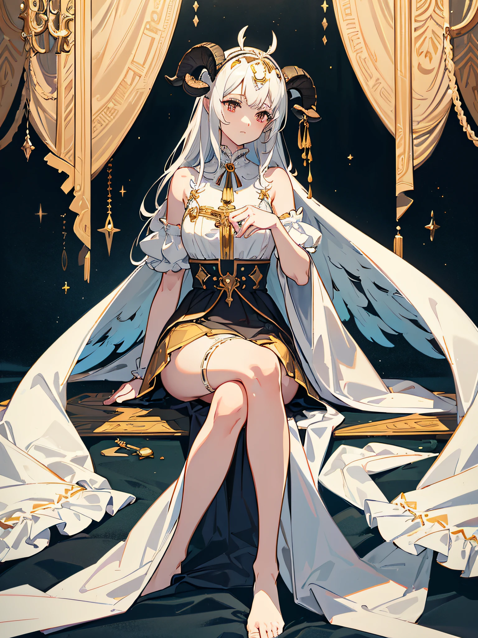 A girl with big goat horns, sitting cross-legged, rustic dress with bows, long sideburns, look of superiority, perfect feet, hot body, bleeding eyes, dead bodies on the floor, full body, {extremely detailed 16k CG unit wallpaper }, expansive landscape photography, (a low view focusing on the character and setting), (wide open field view), (low angle shot), (high light: 1.2), (low light: 1.4), (warm light source: 1.4), complex details, (iridescent colors: 1.5), (bright lighting), (atmospheric lighting), dreamy, cinematic, unique