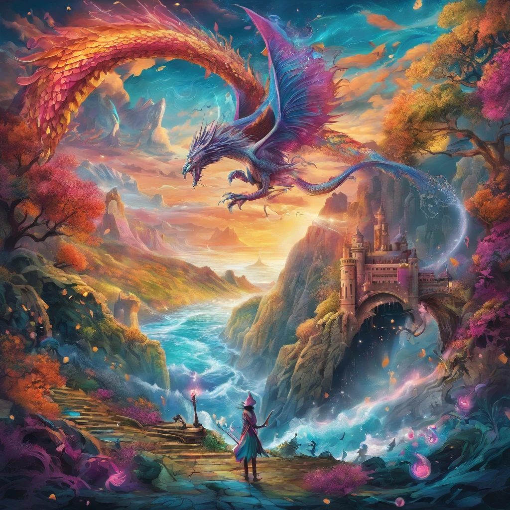 (best quality,highres:1.2),ultra-detailed,realistic,photorealistic:1.37,wizard surfing upon a serpent dragon,illustration,fantasy,spellbinding landscape,colorful palette,enchanted atmosphere,mystical lighting,flowing robes,magic staff,wind-swept hair,majestic serpent scales,rippling waves,breathtaking scenery,extraordinary power,hypnotic motion,adrenaline-filled excitement,thrilling adventure,ancient runes,shadowy forests,sparkling waterfalls,eerie mist,flying creatures,magical spells,castle in the distance,mysterious sorcery,seamless blending of wizard and dragon,majestic and graceful movement,awe-inspiring performance