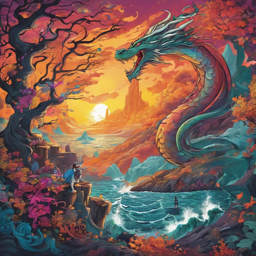 Create a high-resolution hyper realistic line art image of a dragon woman diving for a fish in a breathtaking mountain pass . The style should be reminiscent of stained glass::4 with the bold lines and vibrant colors::4. Use a telephoto lens to capture the image. --ar 16:9 --q 1 --s 100 --c 25