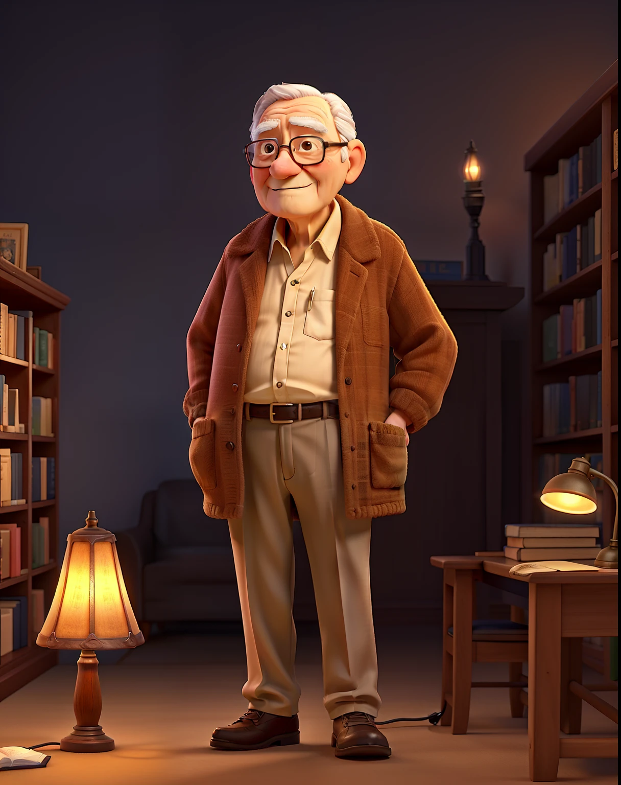 A wise old man standing in front, illuminated by the light of a lamp, against the backdrop of a library