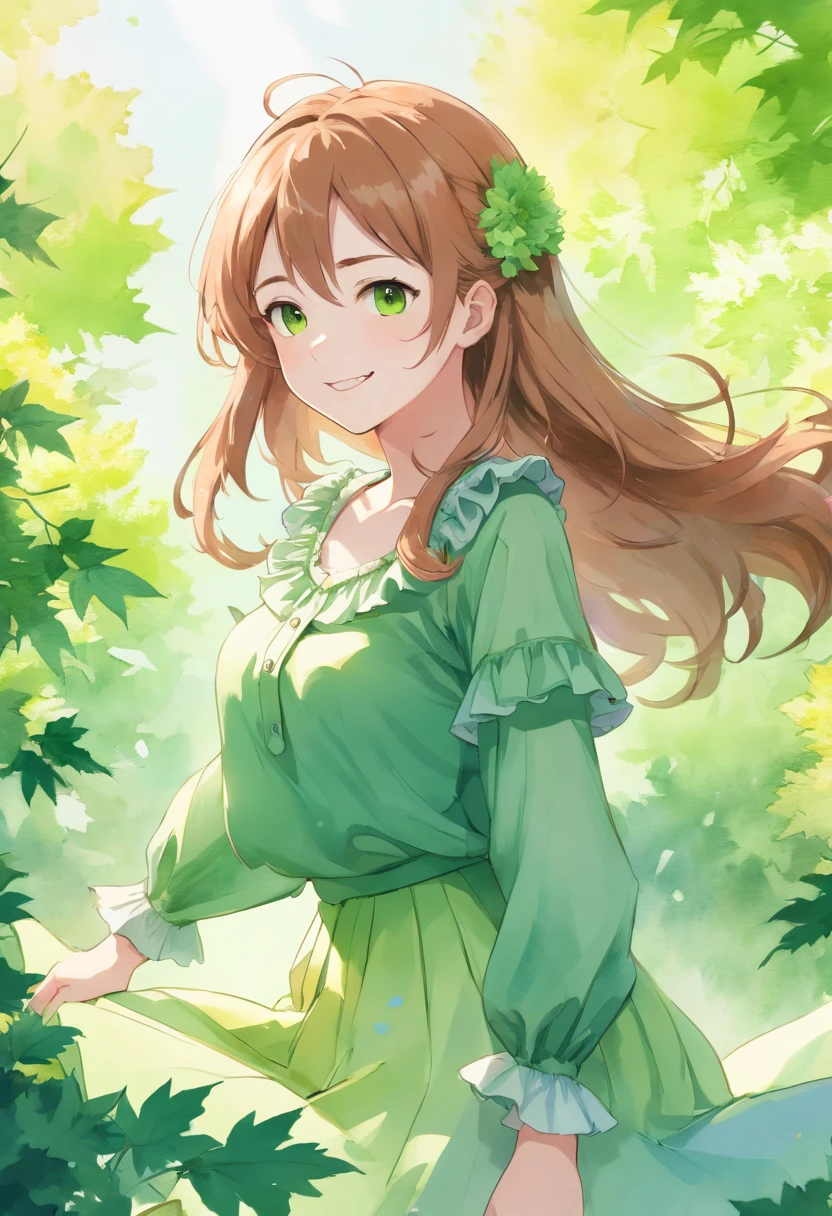 absurdres, ultra-detail, (teenage girl:1.5), (curvy:1.2), (dynamic angle, dynamic pose:1.2)
BREAK (long wavy hair, chignon:1.2), (green ruffle blouse, long sleeves, flared long skirt:1.2), (smile, open mouth:1.2), red eyes, looking at viewer, upper body
BREAK (dreamy ambiance:1.4), [:(light gradation watercolor:1.5):10], (soft focus:1.1), (green flowers:1.4), (maple:1.3),