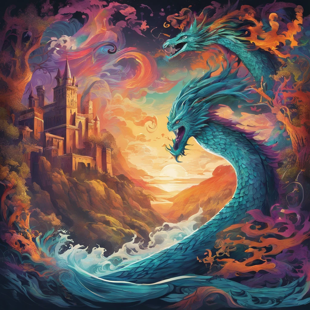 (best quality,highres:1.2),ultra-detailed,realistic,photorealistic:1.37,wizard surfing upon a serpent dragon,illustration,fantasy,spellbinding landscape,colorful palette,enchanted atmosphere,mystical lighting,flowing robes,magic staff,wind-swept hair,majestic serpent scales,rippling waves,breathtaking scenery,extraordinary power,hypnotic motion,adrenaline-filled excitement,thrilling adventure,ancient runes,shadowy forests,sparkling waterfalls,eerie mist,flying creatures,magical spells,castle in the distance,mysterious sorcery,seamless blending of wizard and dragon,majestic and graceful movement,awe-inspiring performance