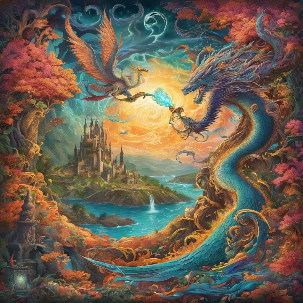 (best quality,highres:1.2),ultra-detailed,realistic,photorealistic:1.37,wizard surfing upon a serpent dragon,illustration,fantasy,spellbinding landscape,colorful palette,enchanted atmosphere,mystical lighting,flowing robes,magic staff,wind-swept hair,majestic serpent scales,rippling waves,breathtaking scenery,extraordinary power,hypnotic motion,adrenaline-filled excitement,thrilling adventure,ancient runes,shadowy forests,sparkling waterfalls,eerie mist,flying creatures,magical spells,castle in the distance,mysterious sorcery,seamless blending of wizard and dragon,majestic and graceful movement,awe-inspiring performance