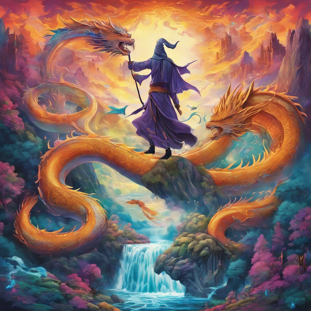 (best quality,highres:1.2),ultra-detailed,realistic,photorealistic:1.37,wizard surfing upon a serpent dragon,illustration,fantasy,spellbinding landscape,colorful palette,enchanted atmosphere,mystical lighting,flowing robes,magic staff,wind-swept hair,majestic serpent scales,rippling waves,breathtaking scenery,extraordinary power,hypnotic motion,adrenaline-filled excitement,thrilling adventure,ancient runes,shadowy forests,sparkling waterfalls,eerie mist,flying creatures,magical spells,castle in the distance,mysterious sorcery,seamless blending of wizard and dragon,majestic and graceful movement,awe-inspiring performance