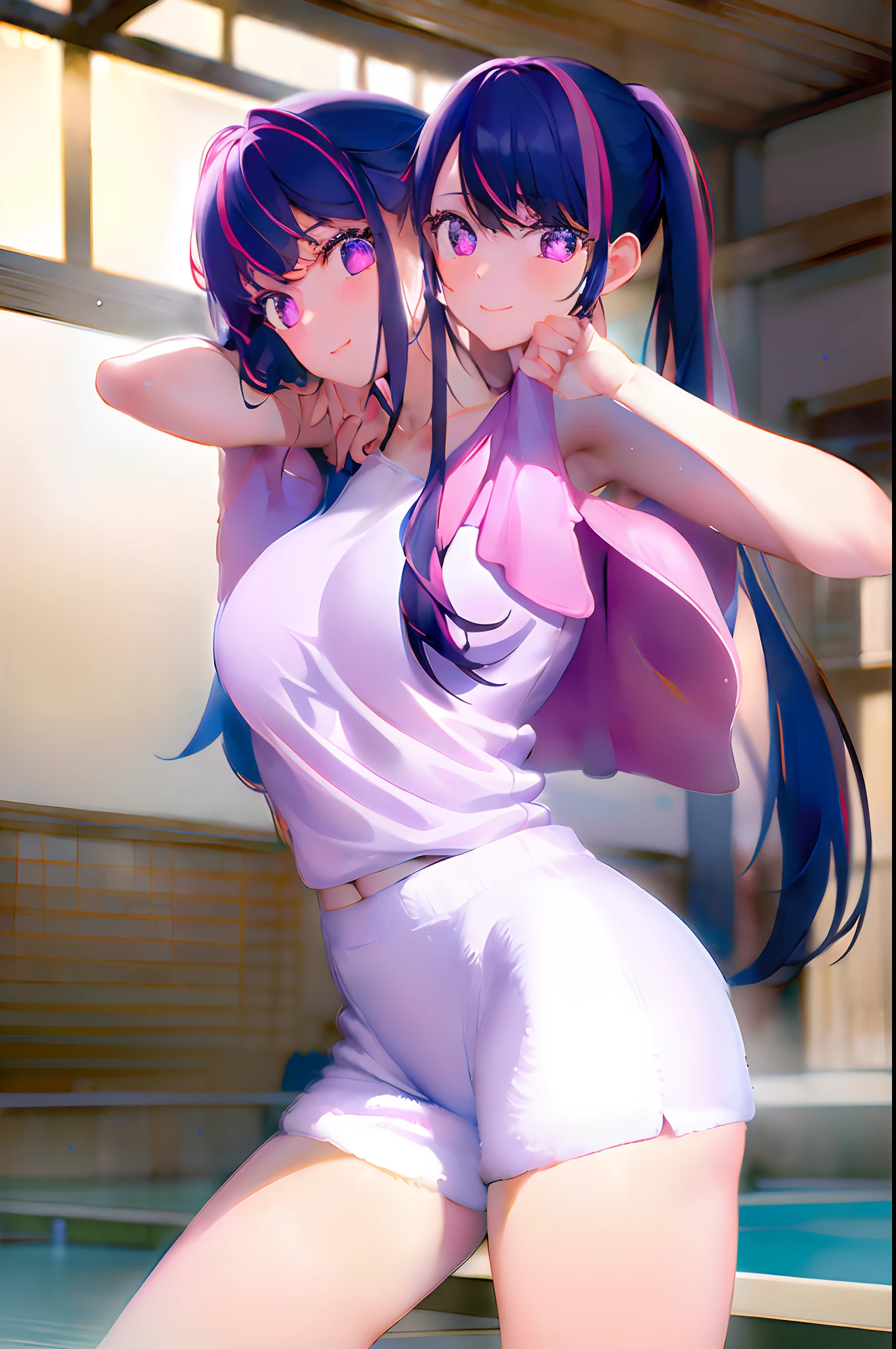 masterpiece, best quality, extremely detailed, a girl with two heads, hoshino ai, necks connected to body