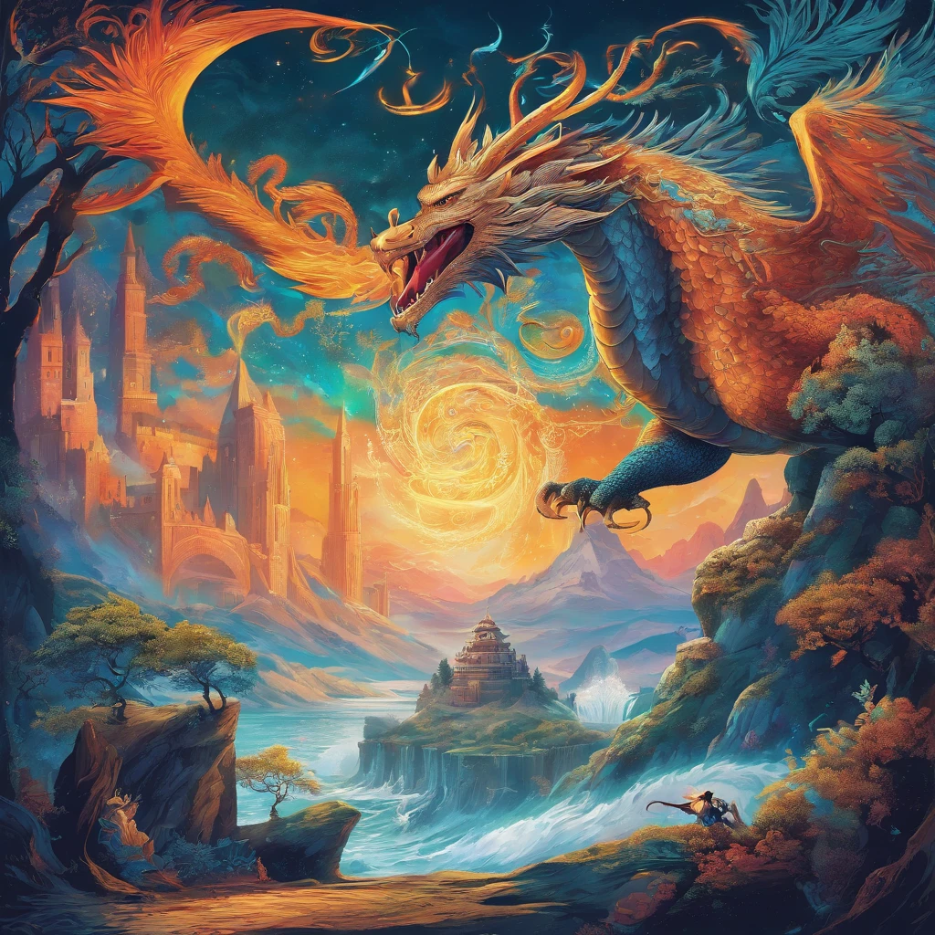 (best quality,highres:1.2),ultra-detailed,realistic,photorealistic:1.37,wizard surfing upon a serpent dragon,illustration,fantasy,spellbinding landscape,colorful palette,enchanted atmosphere,mystical lighting,flowing robes,magic staff,wind-swept hair,majestic serpent scales,rippling waves,breathtaking scenery,extraordinary power,hypnotic motion,adrenaline-filled excitement,thrilling adventure,ancient runes,shadowy forests,sparkling waterfalls,eerie mist,flying creatures,magical spells,castle in the distance,mysterious sorcery,seamless blending of wizard and dragon,majestic and graceful movement,awe-inspiring performance