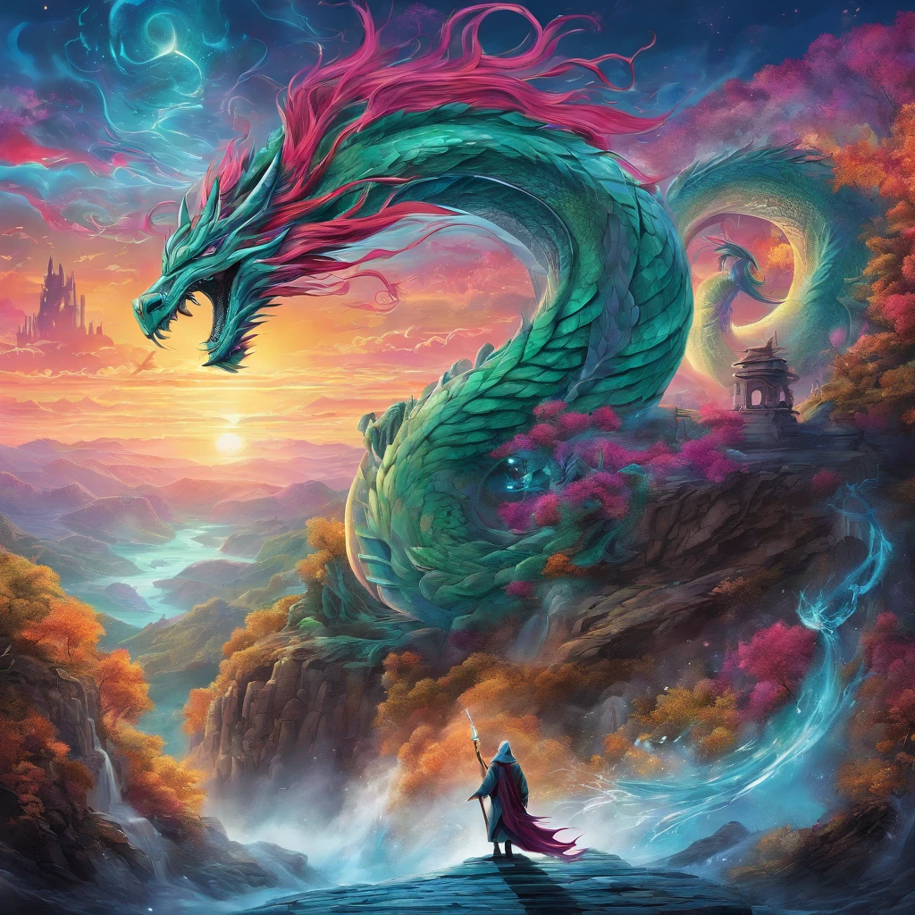 (best quality,highres:1.2),ultra-detailed,realistic,photorealistic:1.37,wizard surfing upon a serpent dragon,illustration,fantasy,spellbinding landscape,colorful palette,enchanted atmosphere,mystical lighting,flowing robes,magic staff,wind-swept hair,majestic serpent scales,rippling waves,breathtaking scenery,extraordinary power,hypnotic motion,adrenaline-filled excitement,thrilling adventure,ancient runes,shadowy forests,sparkling waterfalls,eerie mist,flying creatures,magical spells,castle in the distance,mysterious sorcery,seamless blending of wizard and dragon,majestic and graceful movement,awe-inspiring performance