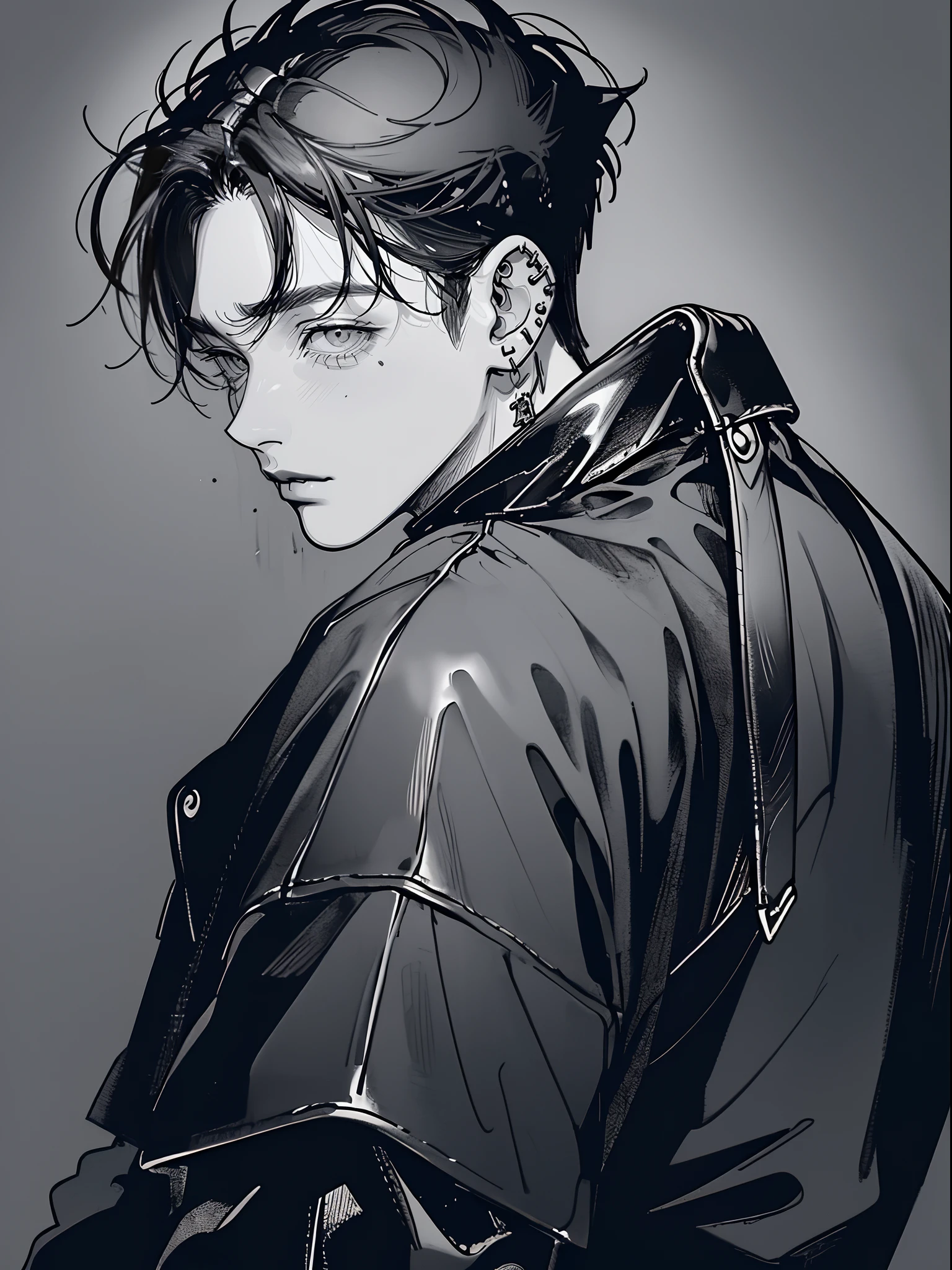 (4K works))、masterpiece、(top-quality)、((Midnight Night Road))、Korean Male、Adult male、((Adult 50 years old))、((Adult uncle type))、((Leather Jeans Style))、((Face similar to Hyunjin))、Cool Men、tall、((Gentle face))、((Long sleeve long trouser style))、((Smaller face))、Slim body、(((short-haired)))、((shot from a side angle))、((profile))、((Shot alone))、((Solo Photography))、Professional Photos、((He is in front of the viewer))、((Monochrome photography))、((Upper body photography))、((Wear a lot of piercings))、((Icon Photo))、((Sick Boys))、((Mine Boys))