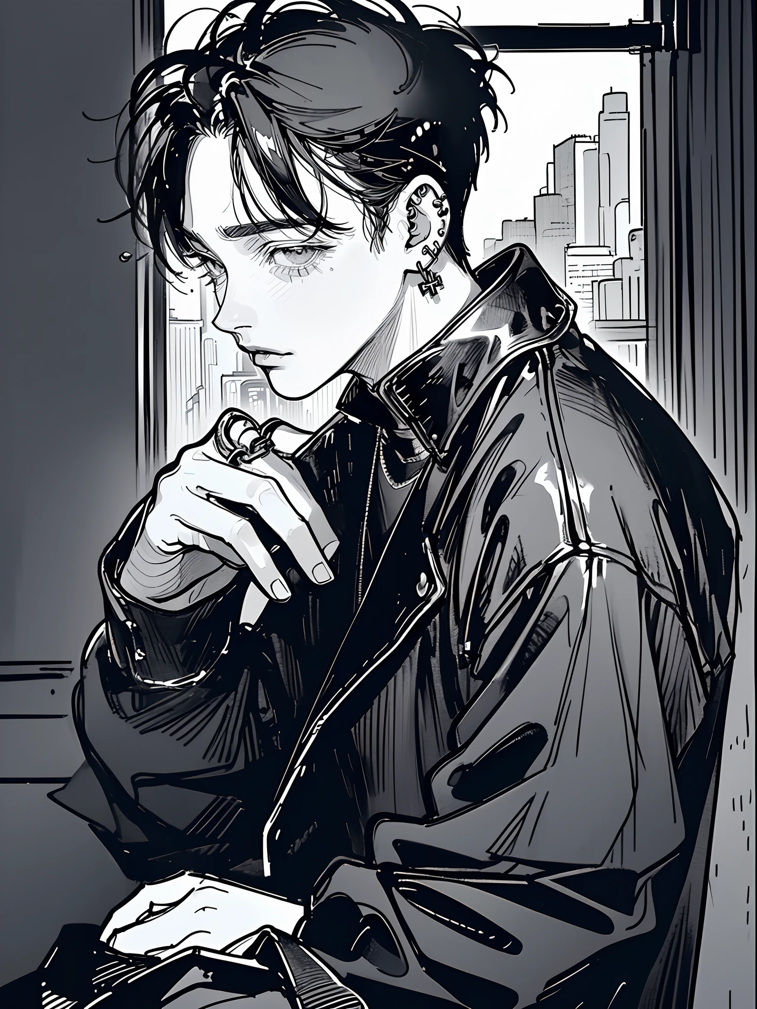 (4K works))、masterpiece、(top-quality)、((Midnight Night Road))、Korean Male、Adult male、((Adult 50 years old))、((Adult uncle type))、((Leather Jeans Style))、((Face similar to Hyunjin))、Cool Men、tall、((Gentle face))、((Long sleeve long trouser style))、((Smaller face))、Slim body、(((short-haired)))、((shot from a side angle))、((profile))、((Shot alone))、((Solo Photography))、Professional Photos、((He is in front of the viewer))、((Monochrome photography))、((Upper body photography))、((Wear a lot of piercings))、((Icon Photo))、((Sick Boys))、((Mine Boys))