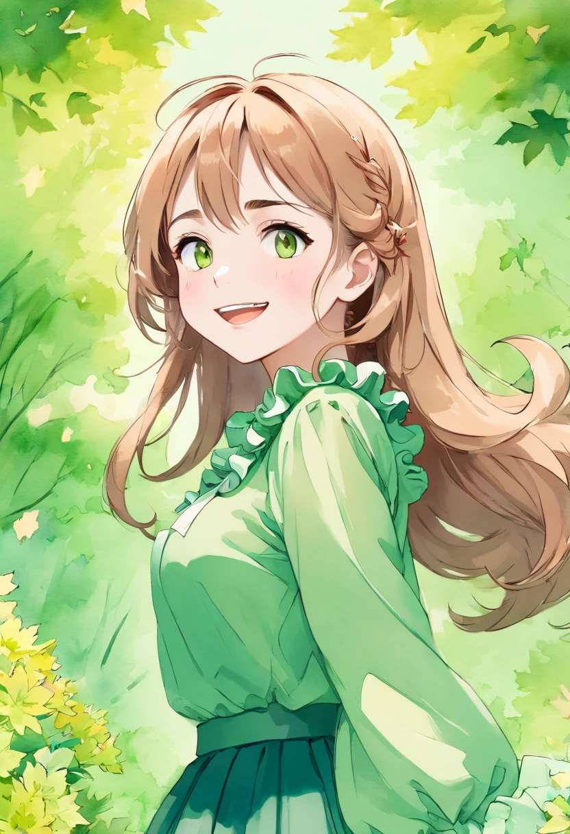 absurdres, ultra-detail, (teenage girl:1.5), (curvy:1.2), (dynamic angle, dynamic pose:1.2)
BREAK (long wavy hair, chignon:1.2), (green ruffle blouse, long sleeves, flared long skirt:1.2), (smile, open mouth:1.2), red eyes, looking at viewer, upper body
BREAK (dreamy ambiance:1.4), [:(light gradation watercolor:1.5):10], (soft focus:1.1), (green flowers:1.4), (maple:1.3),