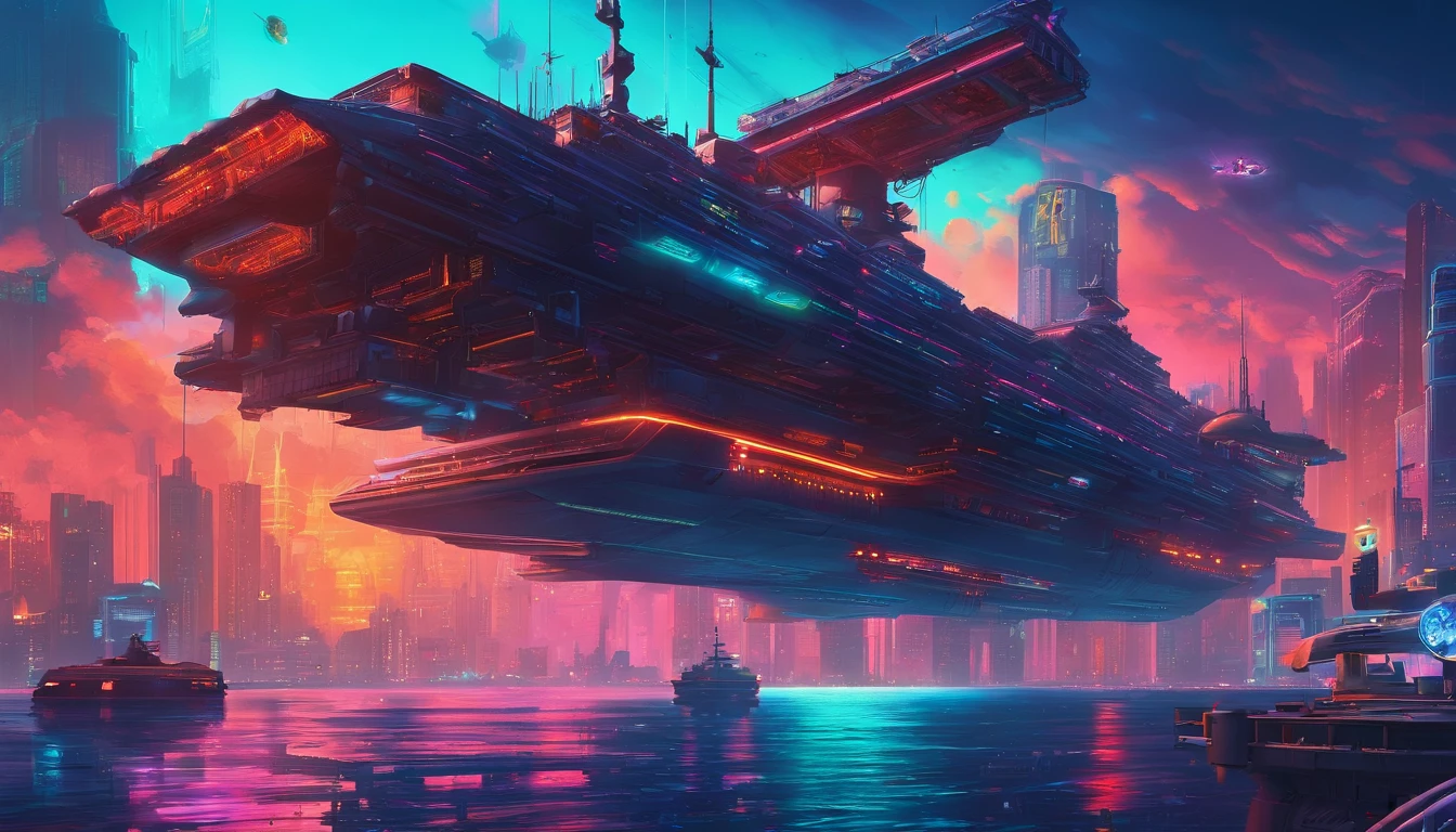 In the vast sea,An aircraft carrier sails underwater,Surrounded by a lot of fish。