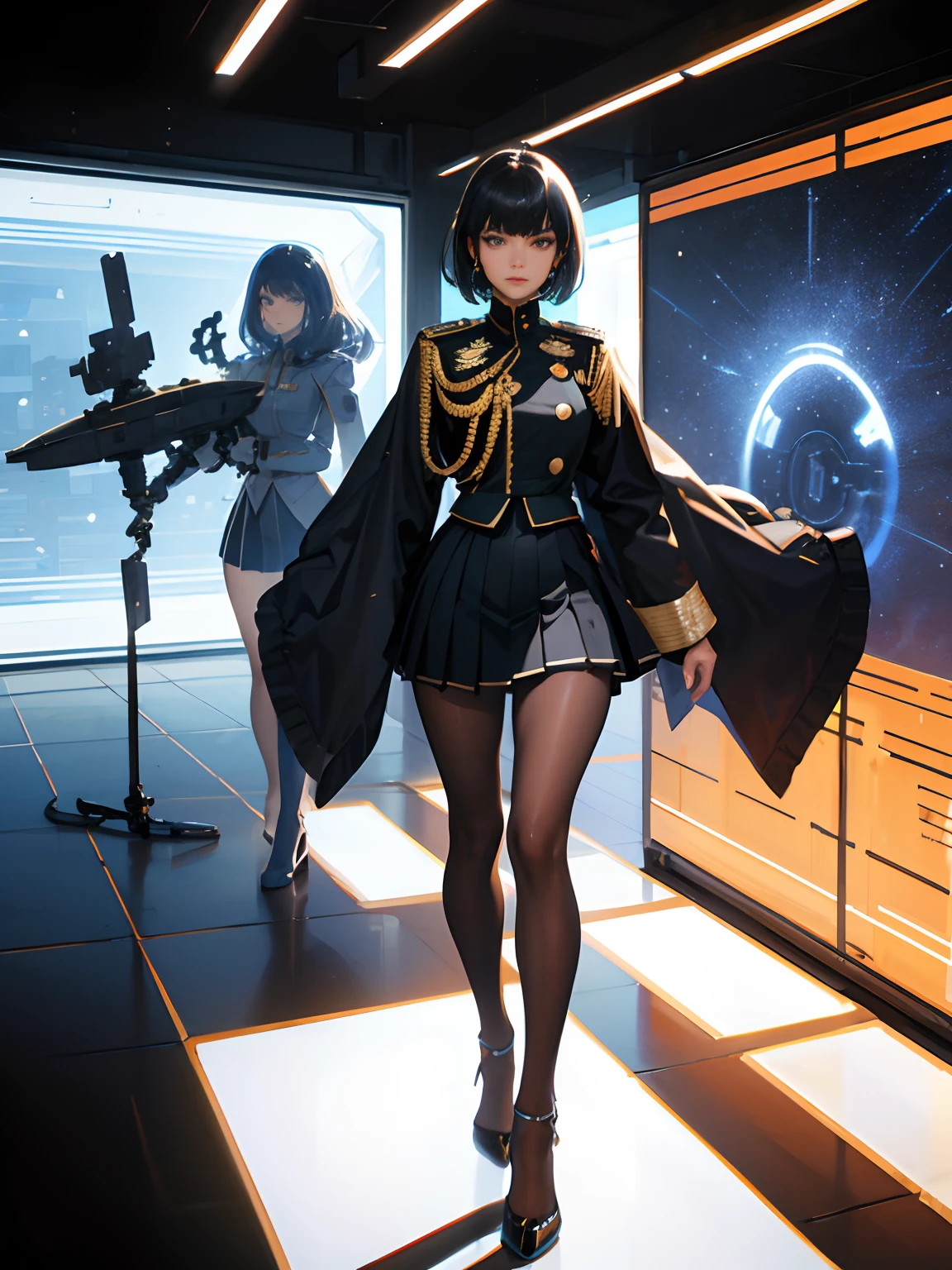 (Top Resolution, Distinct_images), Best Quality, Masterpiece, highly detaild, semi realistic, woman with short black hair, mature woman, Triple bangs, black uniform, black pleated skirt, military uniform, medal, Magnificent military uniform, Beautiful Woman, Spaceship Space, Control Room, commander