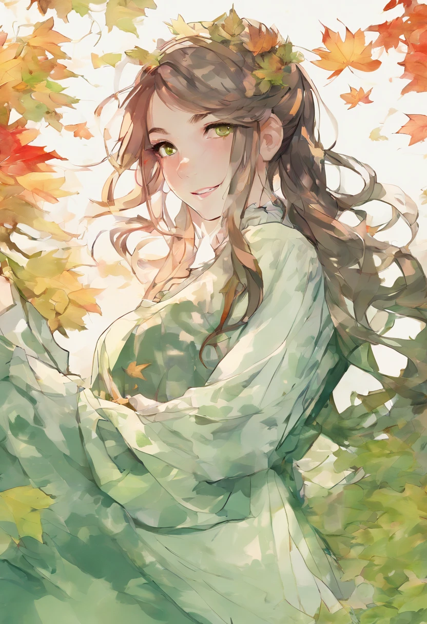 absurdres, ultra-detail, ( girl:1.5), (curvy:1.2), (dynamic angle, dynamic pose:1.2)
BREAK (long wavy hair, chignon:1.2), (green ruffle blouse, long sleeves, flared long skirt:1.2), (smile, open mouth:1.2), red eyes, looking at viewer, upper body
BREAK (dreamy ambiance:1.4), [:(light gradation watercolor:1.5):10], (soft focus:1.1), (green flowers:1.4), (maple:1.3),
