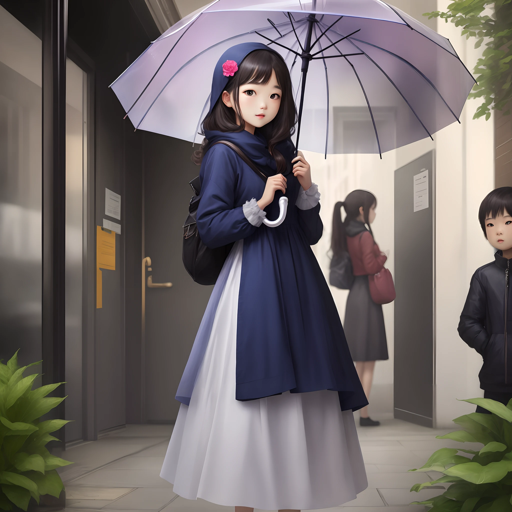 Girl in back with transparent umbrella