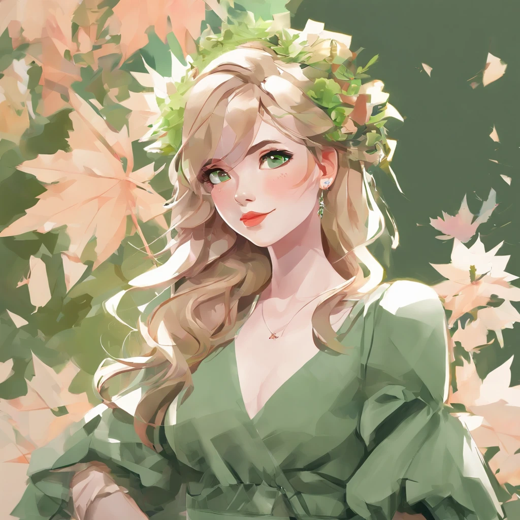 absurdres, ultra-detail, (teenage girl:1.5), (curvy:1.2), (dynamic angle, dynamic pose:1.2)
BREAK (long wavy hair, chignon:1.2), (green ruffle blouse, long sleeves, flared long skirt:1.2), (smile, open mouth:1.2), red eyes, looking at viewer, upper body
BREAK (dreamy ambiance:1.4), [:(light gradation watercolor:1.5):10], (soft focus:1.1), (green flowers:1.4), (maple:1.3),