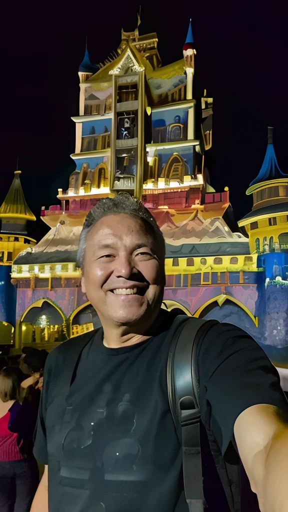 Arafed man taking a selfie in front of a castle at night, com um castelo ao fundo, Castelo no fundo, Castelo no fundo, Okuda Sam Miguel, ( Castelo no fundo ), disney 8 k foto, background is disneyland castle, (38 anos), alien castle in background, Kilian Eng e Thomas Kinkade