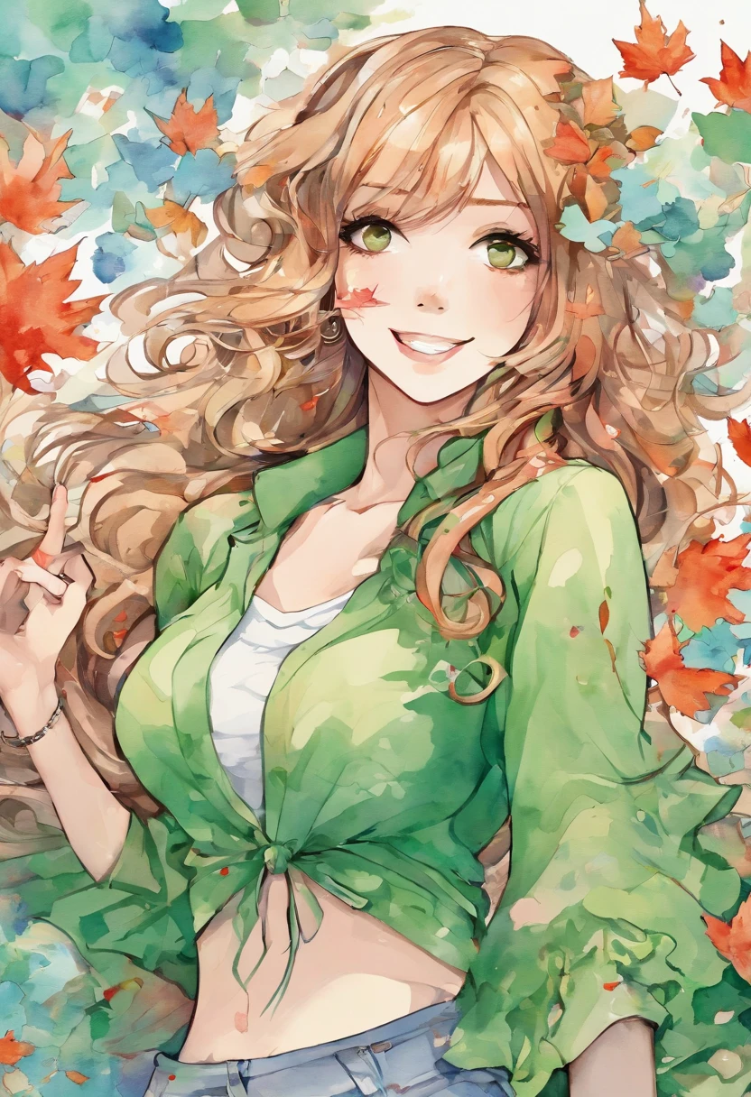 absurdres, ultra-detail, ( girl:1.5), (curvy:1.2), (dynamic angle, dynamic pose:1.2)
BREAK (long wavy hair, chignon:1.2), (green ruffle blouse, long sleeves, flared long skirt:1.2), (smile, open mouth:1.2), red eyes, looking at viewer, upper body
BREAK (dreamy ambiance:1.4), [:(light gradation watercolor:1.5):10], (soft focus:1.1), (green flowers:1.4), (maple:1.3),