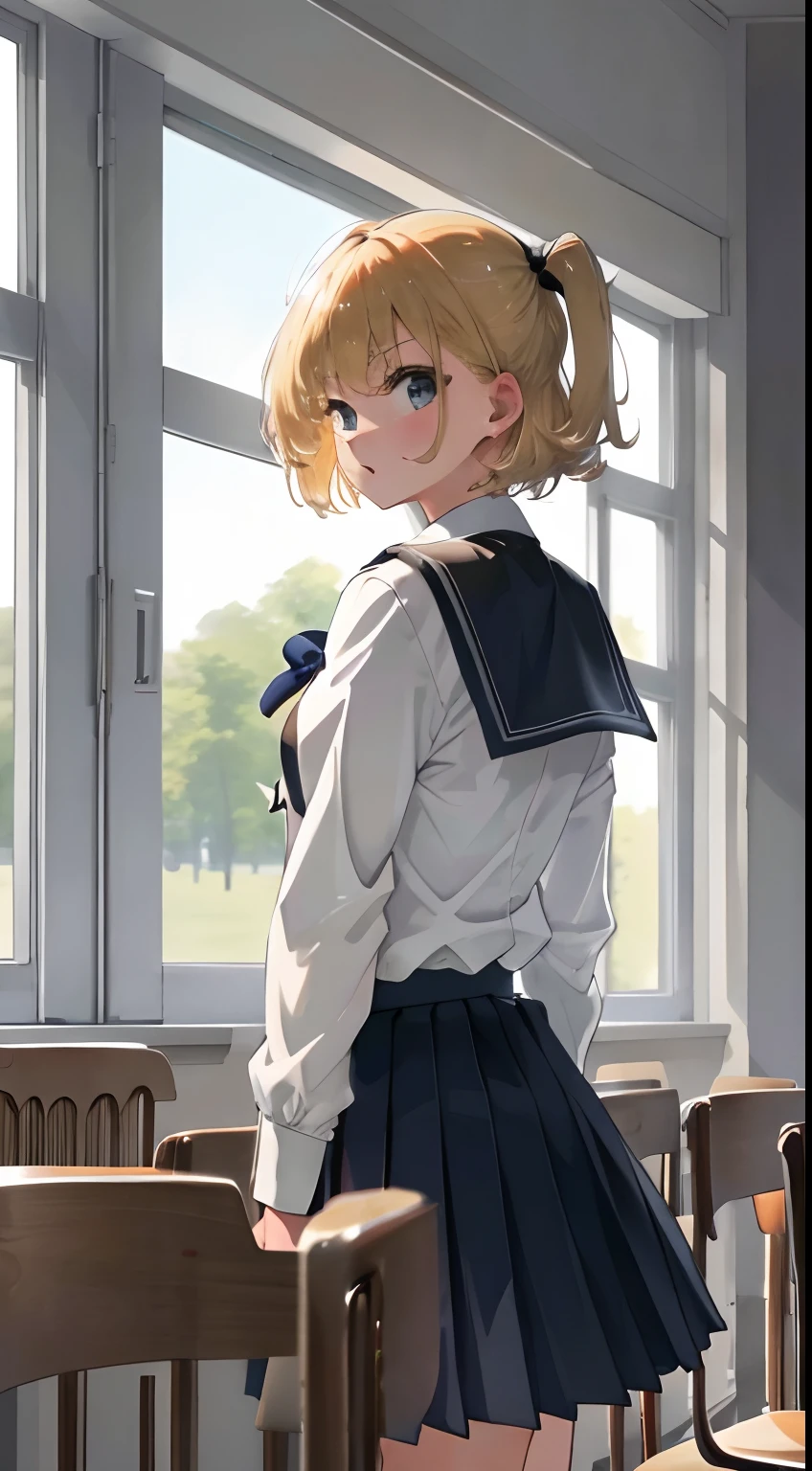Best quality at best，detailed back ground，girl，blond girl, JK school uniform，Mid-range bust scene