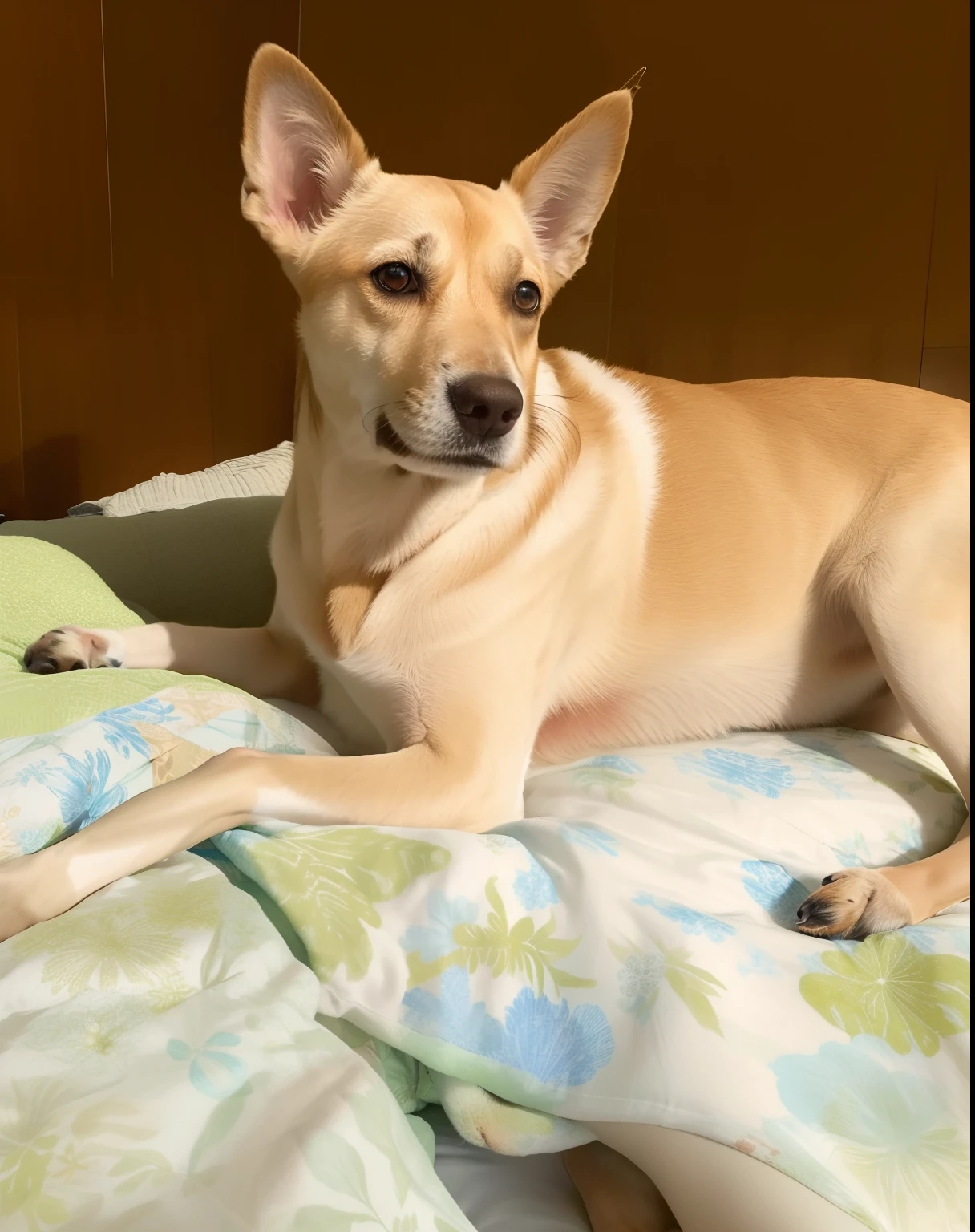 cachorro caramelo deitado em uma cama com um cobertor sobre ele, sentada em sua cama, she is laying on her back, sentado na cama, sentado em uma cama, amber, deitada de costas em uma cama, menina bonita, muito bonito, deitada de costas, olhar orgulhoso, she has beautiful bone structure, add an angel halo to your head