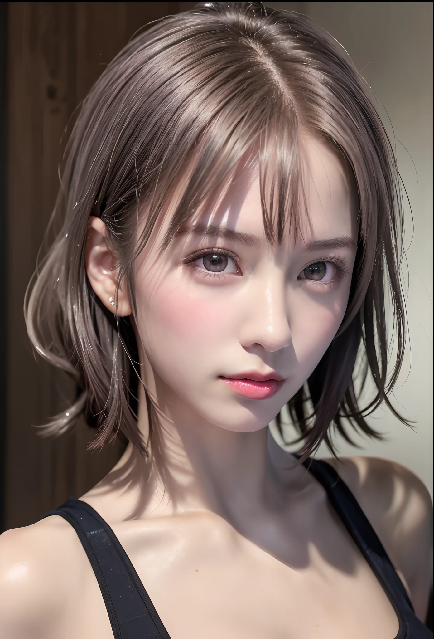 Night, RAW Photography, (((Very Beautiful Portrait))), (Very Beautiful Portrait))), 1 Girl, Sexy 25 Year Old Girl, ((Natural Brown Hair with Short Cuts)), [Brown Eyes],Gentle Smile Staring at the Camera(cleavage), ((Masterpiece, Best Quality, Ultra Detail, Cinematic Lights, Intricate Detail, High Definition, 8k, Very Detailed)), Detail Background, 8k UHD, DSLR, soft lighting, high quality, film grain, fujifilm XT3, shallow depth of field, natural light, perfect face