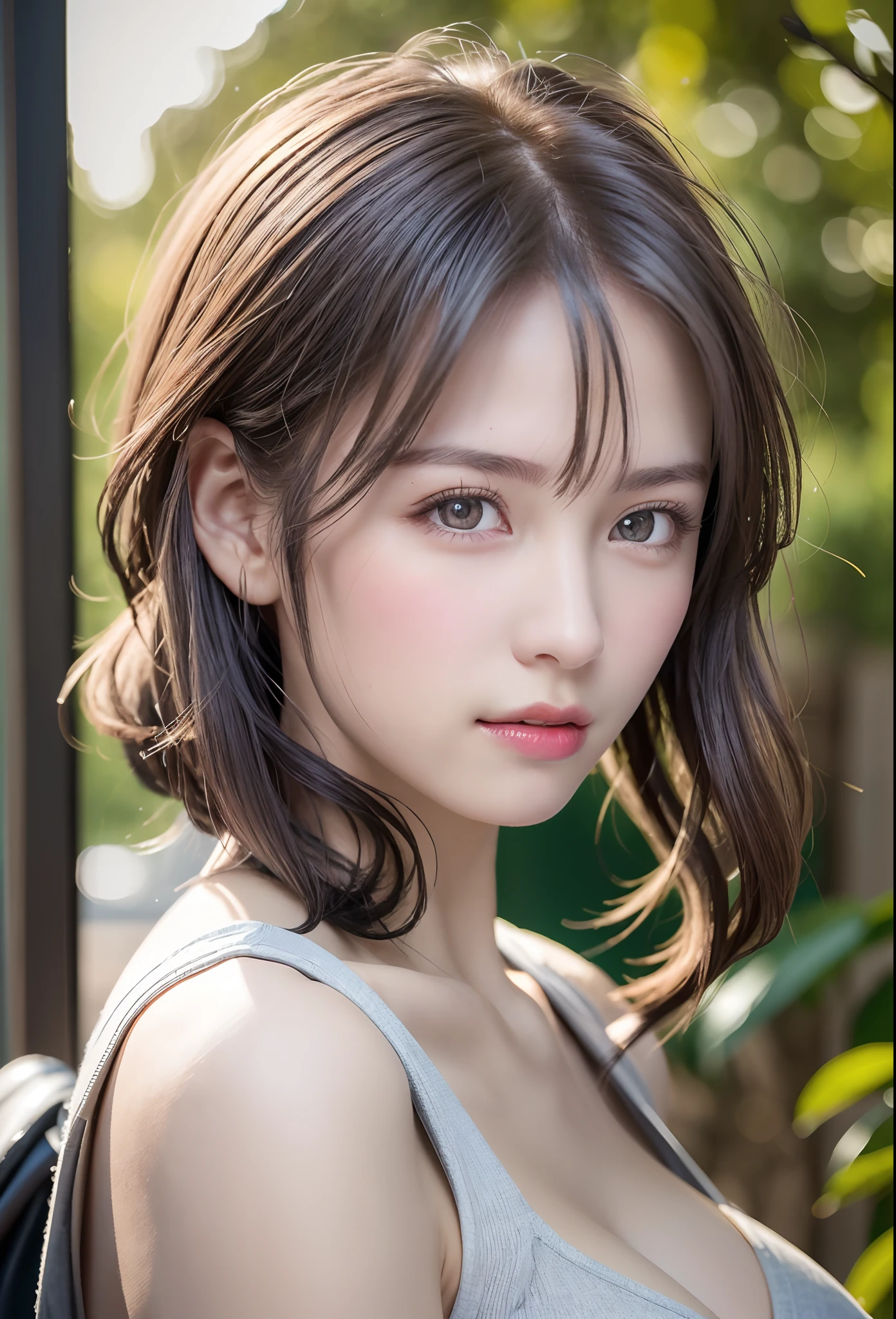 (8K, Photorealistic, Raw photo, of the highest quality: 1.3), (1girl in), Super beautiful, (Realistic face), (boyish, Silver Color Berry Shorthair), Beautiful , Glare that captivates the viewer, Beautiful expression, Beautiful breasts, (Realistic skin), Be...