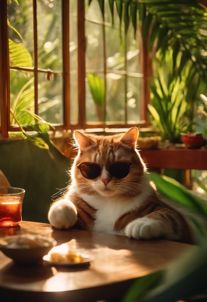 Jungle-style restaurant, A cat wearing sunglasses, mouth grimacing, holding a mobile phone sitting at the dining table, There is boiled fish on the table.Sunlight outside the window