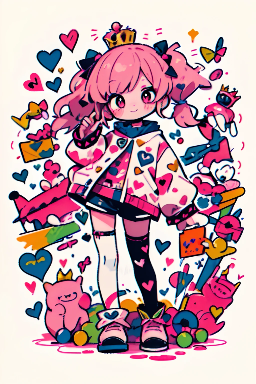 crazy cloud haired girl, pink hair, full body picture, pink eyes, heart shaped pupils, insane smile, blood splatter, 1GIRL, insane girl in long pink hair, crown, princess bubblegum style, finely detailed, (best quality), (intricate details), cute style, ****, jester style, multicolored, ((long pink messiest hair in pigtails)), best quality, ((long sleeve shirt and shorts)), ((red and white clothes)), ((jester style clothes)), ((thigh high socks)), ((round eyes)), ((has jester makeup)), beautiful face, happy, cute face, pinup, perfect face, simple background portrait, clowh hear cards, bubble gums