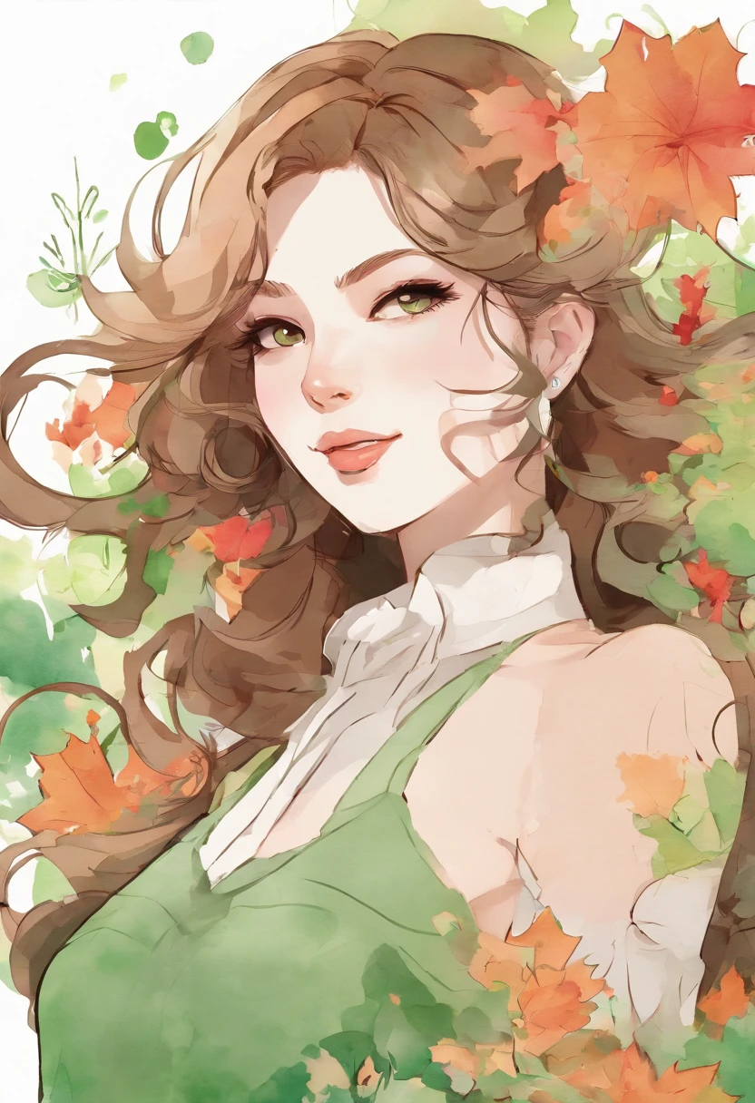 absurdres, ultra-detail, (teenage girl:1.5), (curvy:1.2), (dynamic angle, dynamic pose:1.2)
BREAK (long wavy hair, chignon:1.2), (green ruffle blouse, long sleeves, flared long skirt:1.2), (smile, open mouth:1.2), red eyes, looking at viewer, upper body
BREAK (dreamy ambiance:1.4), [:(light gradation watercolor:1.5):10], (soft focus:1.1), (green flowers:1.4), (maple:1.3),
