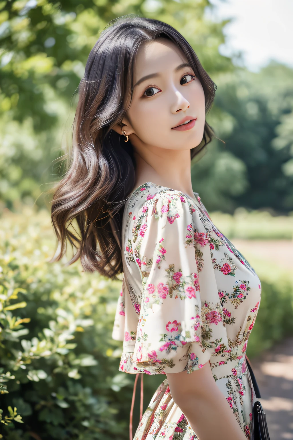 ((Best Quality, 8K, masutepiece: 1.3)), 1girl in, Slender beauty: 1.3, (Long hair: 1.2), Floral dress, Long legs: 1.1, Super fine face, Fine eyes, Double eyelids, plein air