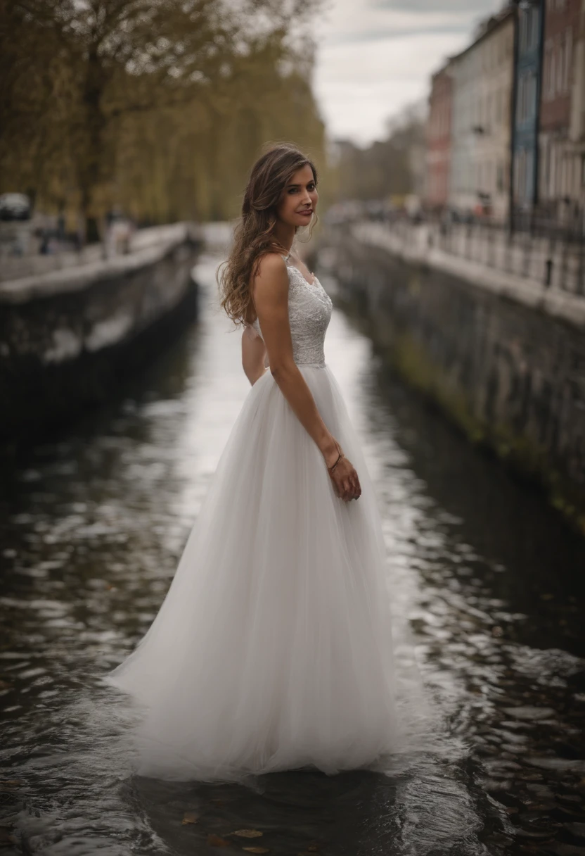 mujer, (hermosa), (noruega), vestido negor, (abierto), (bragas blancas), contornos publicos, (plaza), (barandal), (canal), abre las piernas, (sin sosten) dia semi nublado