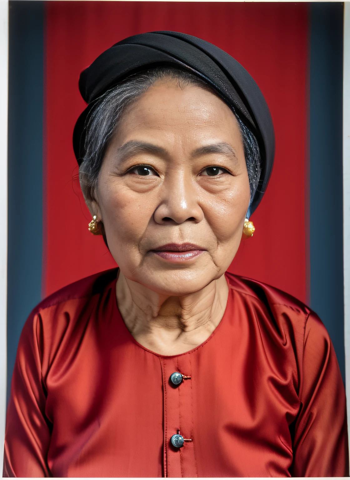 Highly realistic photo, Portrait photo of a 70-year-old Vietnamese woman, (wearing a dark red 1975s Vietnam blouse), ((black turban)) on black hair, dark blue background, photo taken in 1975 by kodak.