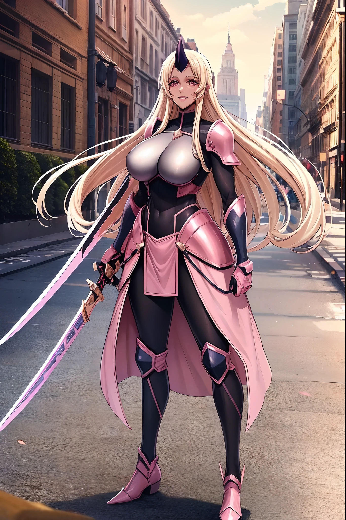 (best quality,4k,8k,highres,masterpiece:1.2),ultra-detailed,(1.37),single horn,very long hair,tall female,red eyes,dark skinned female,standing,armor,boots,sword holding,joyful,big smile,full armor,illustration,portrait,rich colors,warm tones,soft lighting ,full body, standing, pink lips