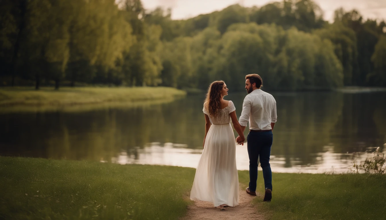 scene of a beautiful couple, looking at the lens and close to the camera, lots of light, sharp, walking in the park next to a river with crystal clear waters, high definition, cinematic.