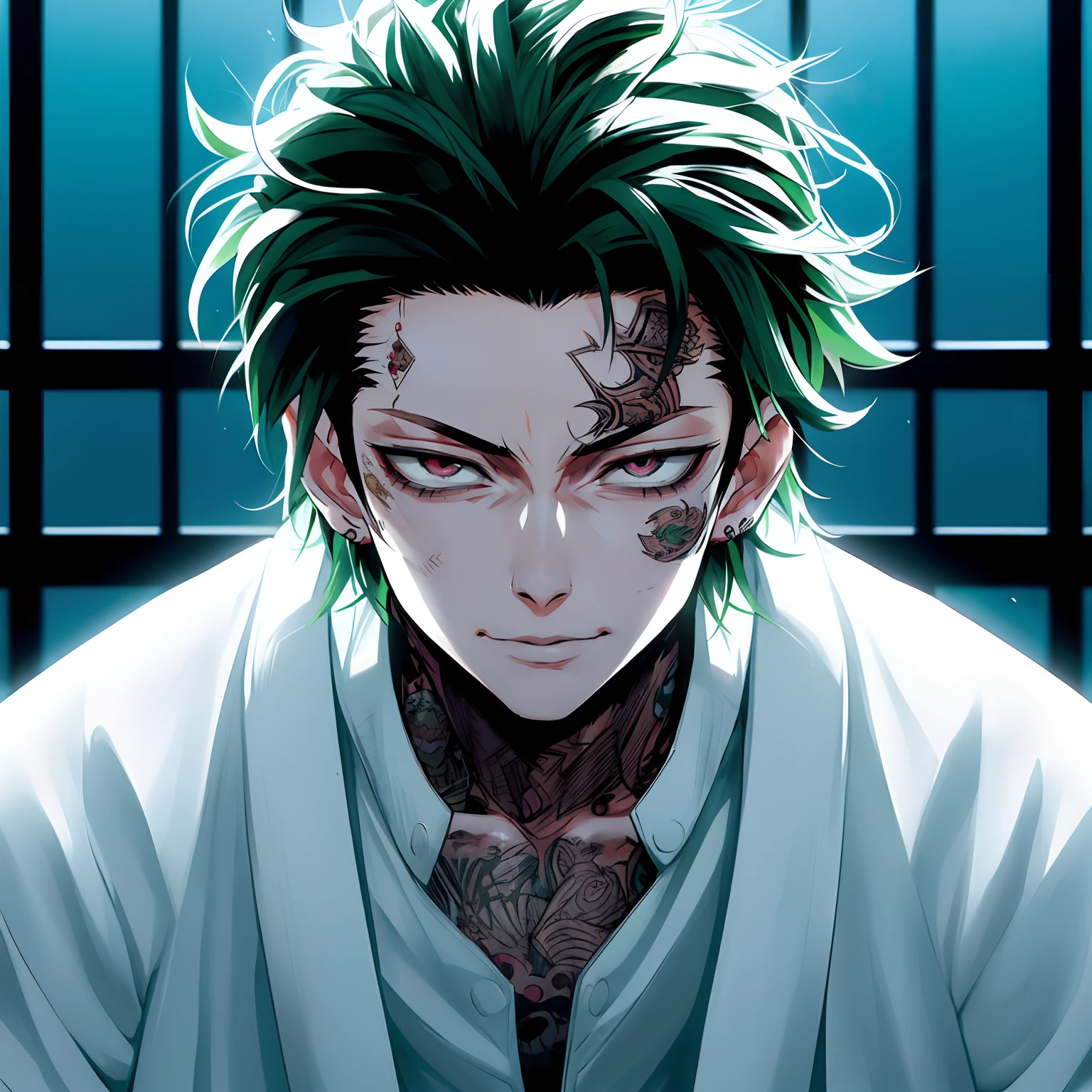 Anime guy with green hair and tattoos sitting in front of a prison cell, Coringa se parece com Naruto, cara bonito na arte demon slayer, badass anime 8 k, 4 k manga wallpaper, Anime Wallaper, Coringa como Naruto, Melhor Anime 4K Konachan Wallpaper, Kakyoin, Kimetsu no yaiba, arte chave do anime