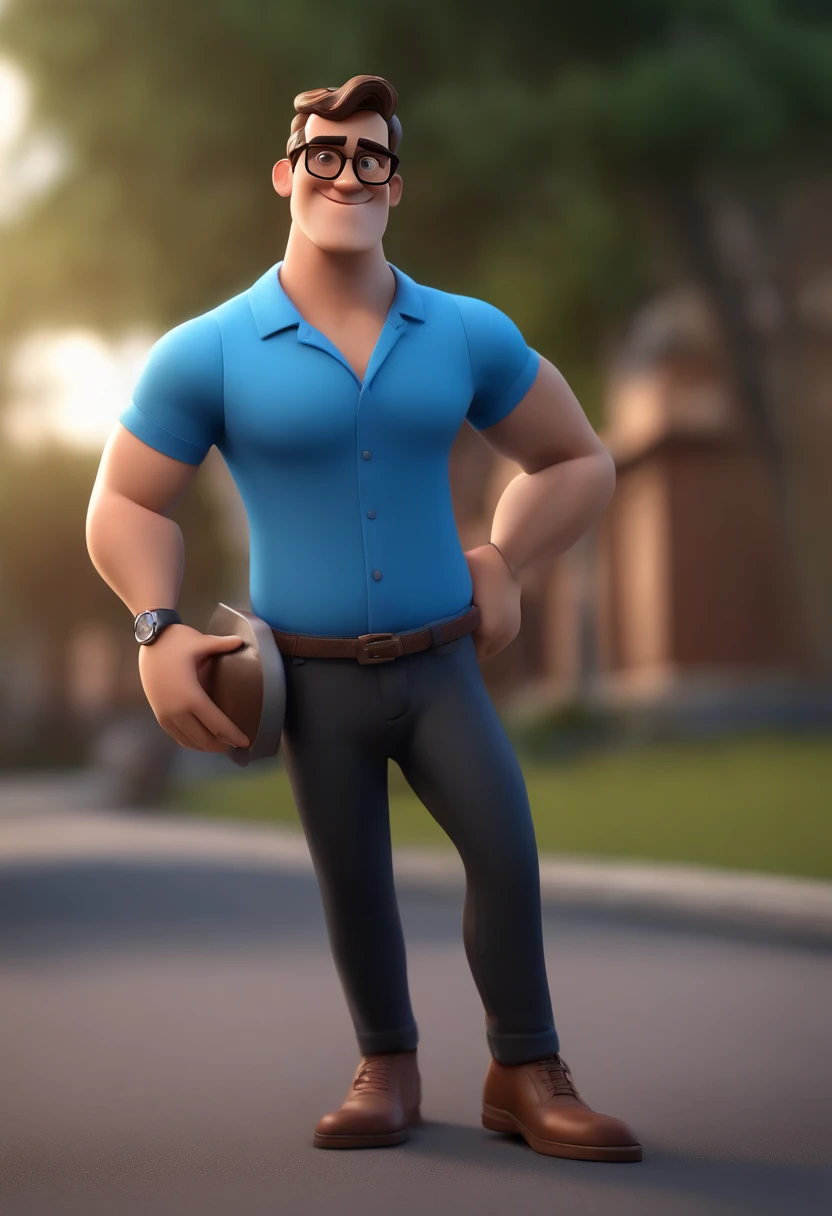 Cartoon character of a man wearing black glasses and a blue shirt, um personagem animado, Caractere estilizado, animation style rendering, 3D estilizado, Arnold Maya render, 3 d render stylized, toon render keyshot, Personagem 3D, Personagem 3D, 3d rendering stylized, 3 d character render, personagem de desenho animado, Personagem de close up, Pose de personagem, (Estilo Pixar) (master part:1.2) (Bokeh) (best quality) (pele detalhada) (textura detalhada) (8k) (argila) (Cinematic lighting) (foco nítido，Senta e vaza a parte superior do corpo