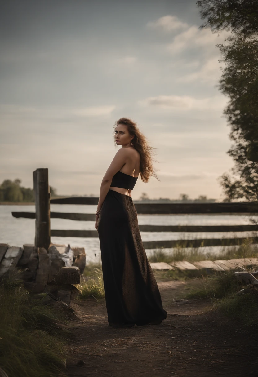 A beautiful Norwegian woman in a black dress, with open white underwear showing through, standing in a public square. The square is surrounded by a rail fence, with a canal running alongside. The woman is opening her legs, creating a provocative pose. The day is semi-cloudy, with a soft and sensual lighting that highlights her curves. The overall image quality is of the best quality, with ultra-detailed and realistic features. The art style is a mix of portraiture and landscape, with vibrant colors that accentuate the scene.