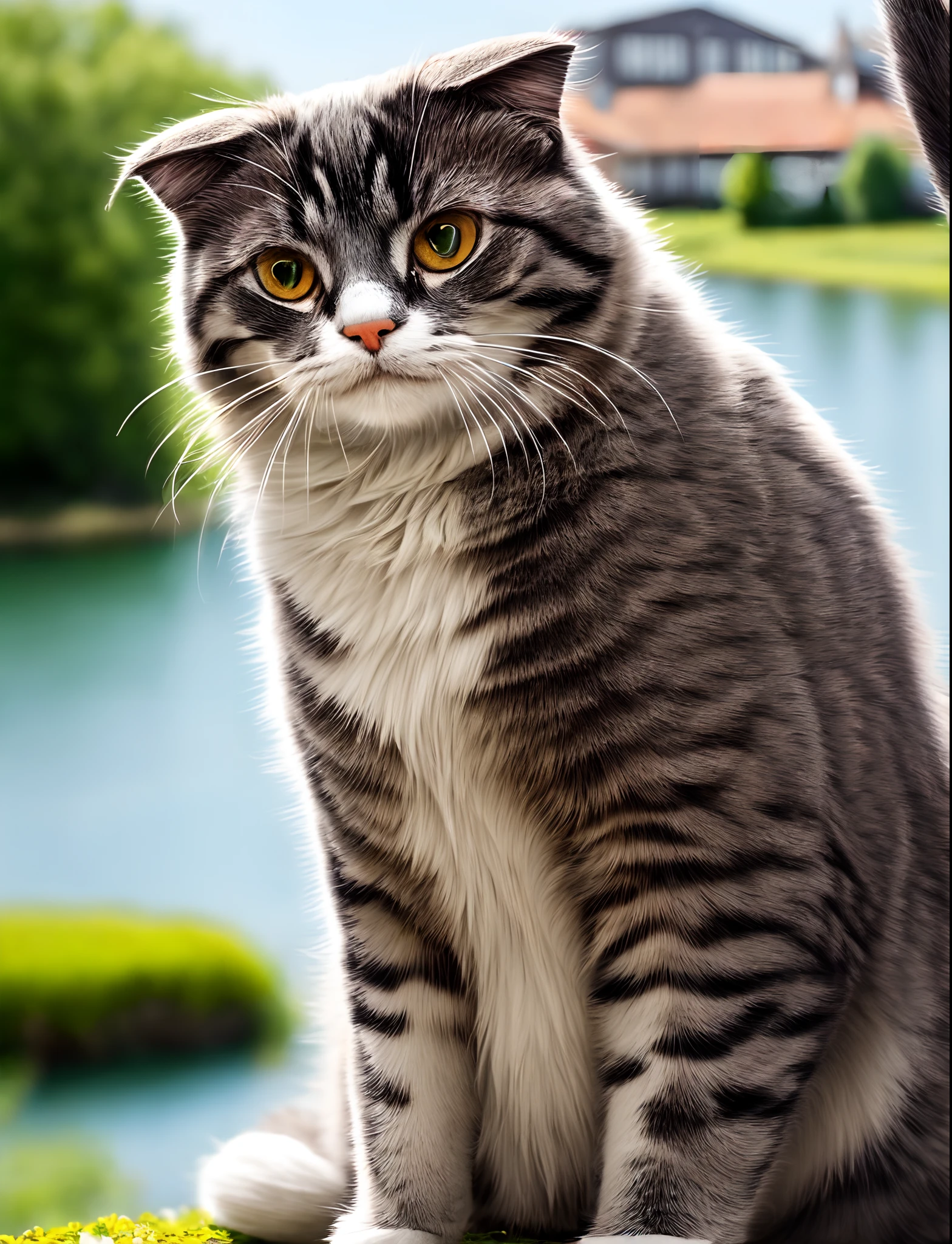 Scottish Fold Cat, greys, close-up. Lakeside, Torpical Garden,, There is a house in the distance.