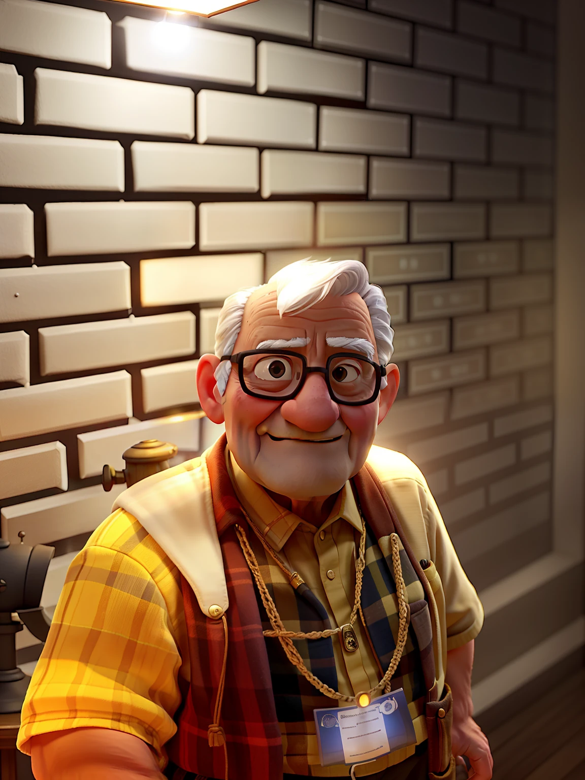 A wise old man standing in front, illuminated by the light of a lamp, against the backdrop of a library